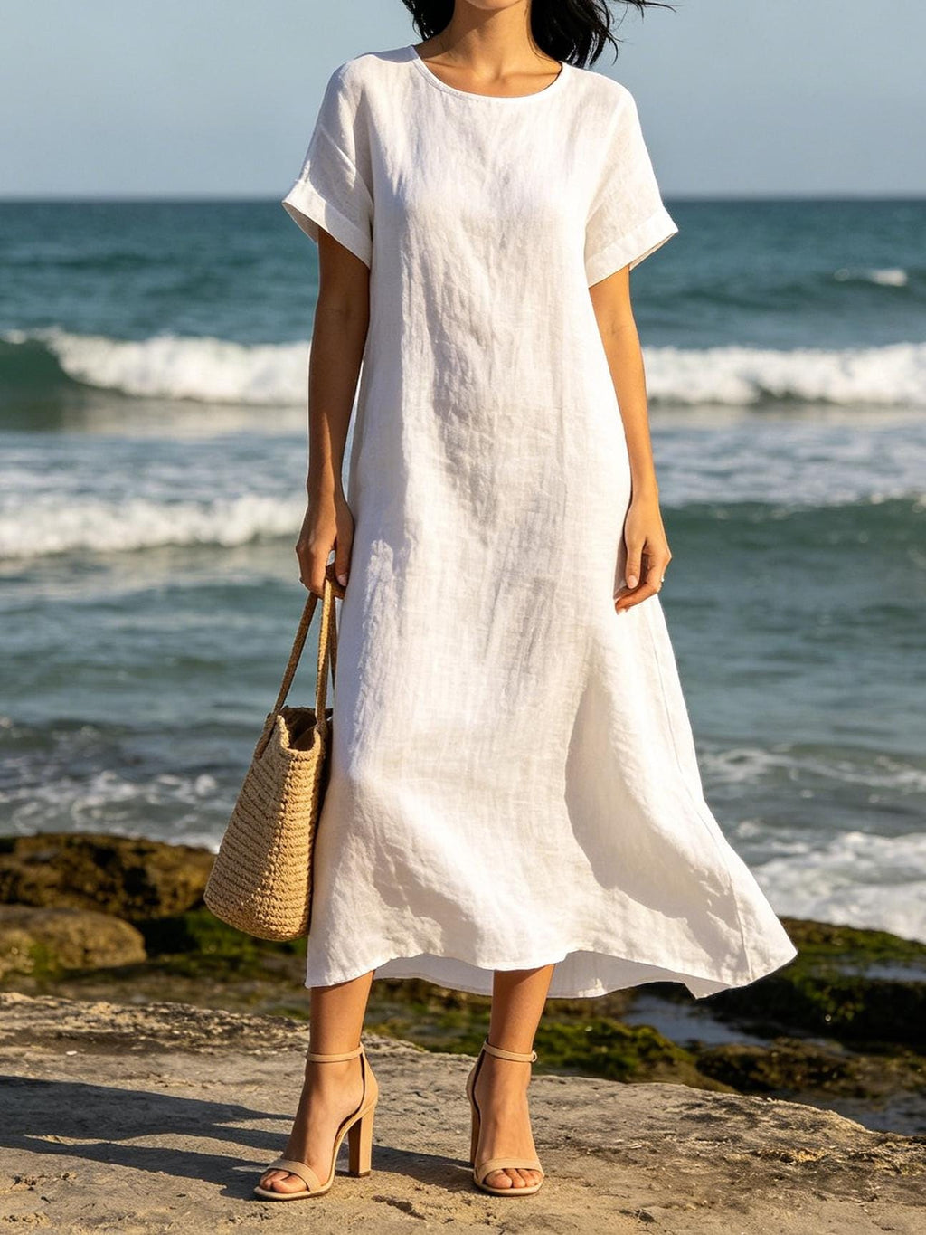 Bohemian White Linen Blend Maxi Dress Loose Fit Short Sleeve Summer Beach Dress With Pockets Relaxed Resort Style Customize Plus Size Dress
