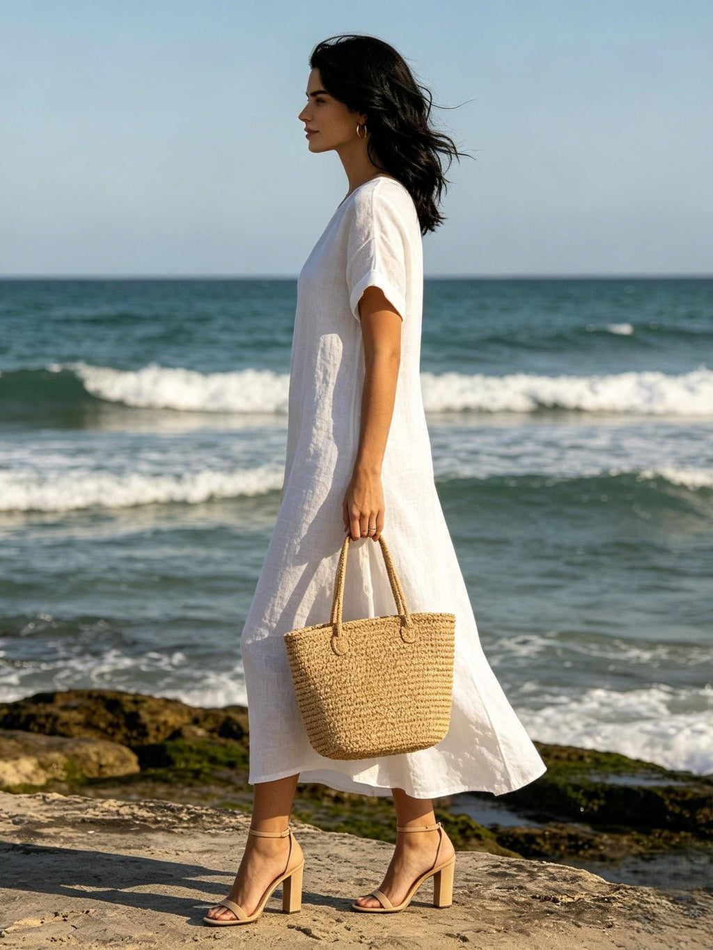 Bohemian White Linen Blend Maxi Dress Loose Fit Short Sleeve Summer Beach Dress With Pockets Relaxed Resort Style Customize Plus Size Dress