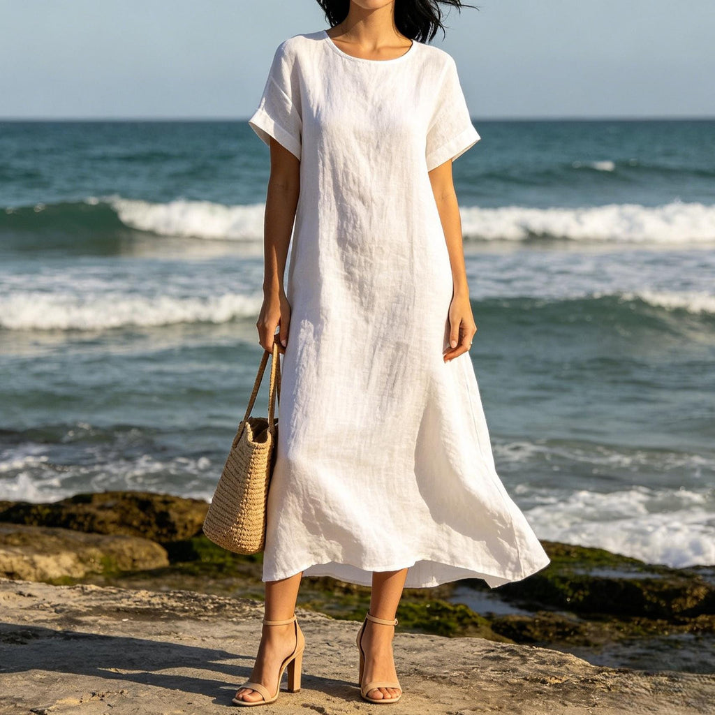 Bohemian White Linen Blend Maxi Dress Loose Fit Short Sleeve Summer Beach Dress With Pockets Relaxed Resort Style Customize Plus Size Dress