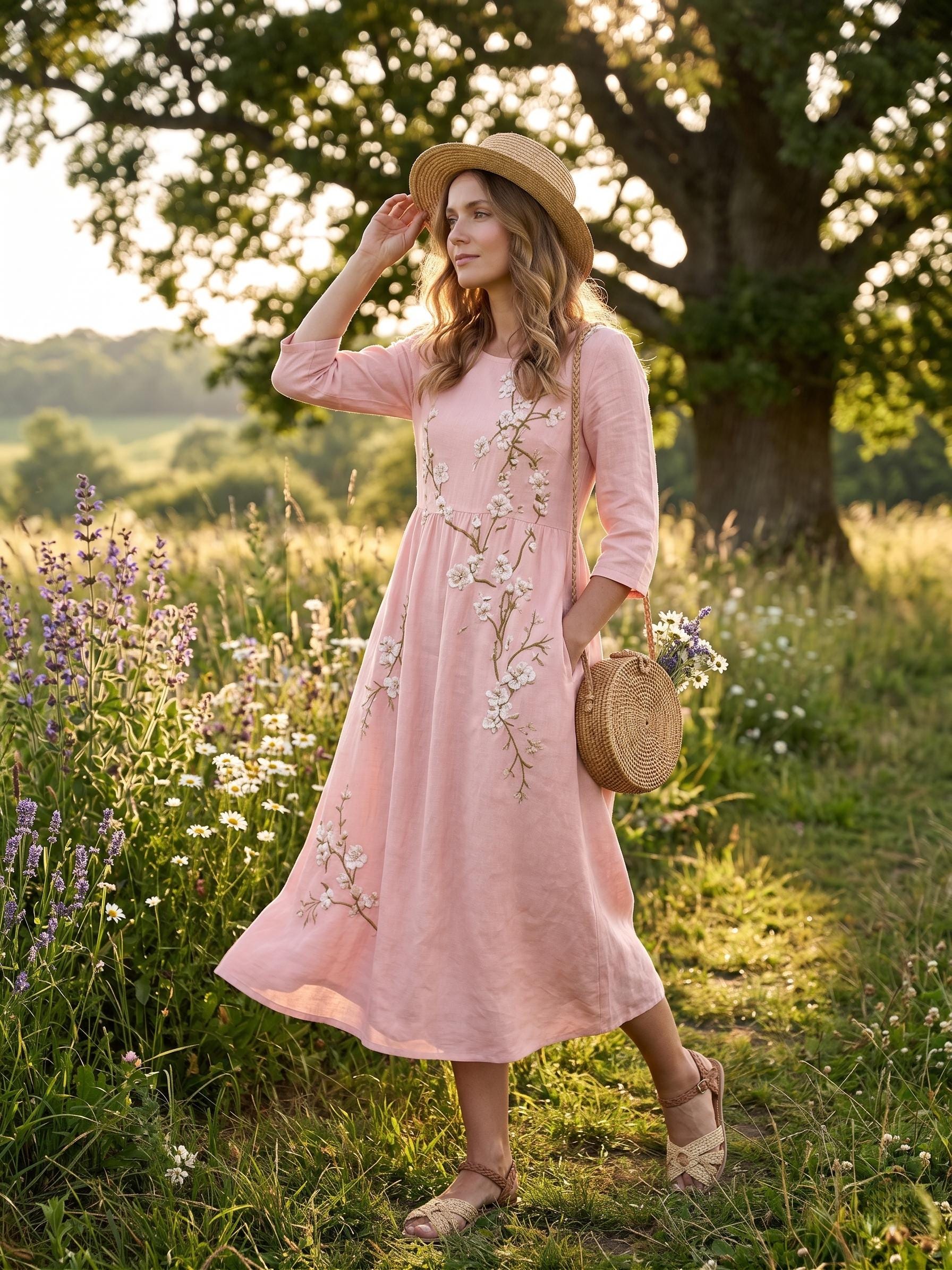 Women's Bohemian Floral Maxi Dress – Mid-length sleeves, high waist, and flowy A-line skirt (suitable for spring, summer, and autumn)