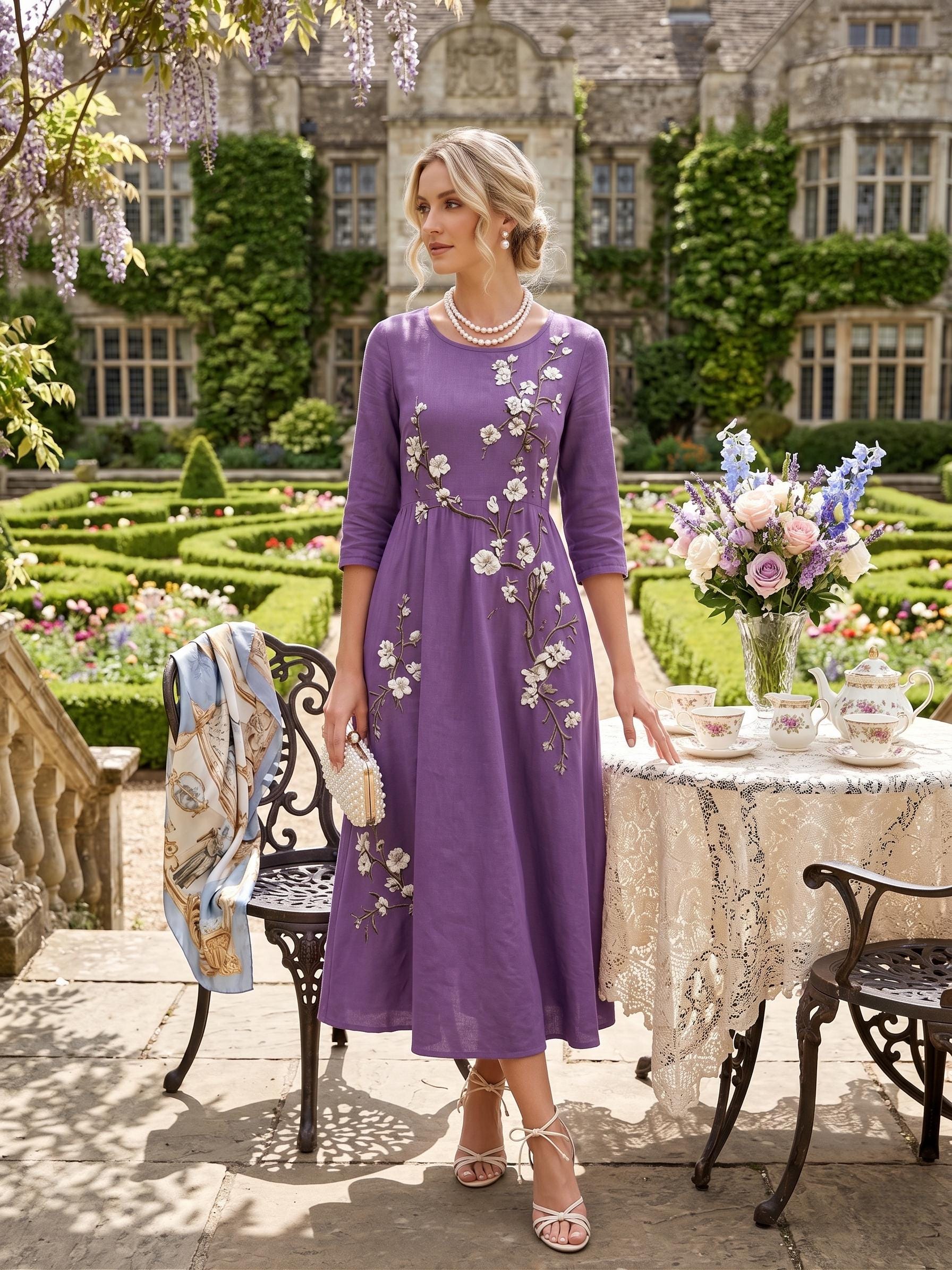 Women's Bohemian Floral Maxi Dress – Mid-length sleeves, high waist, and flowy A-line skirt (suitable for spring, summer, and autumn)