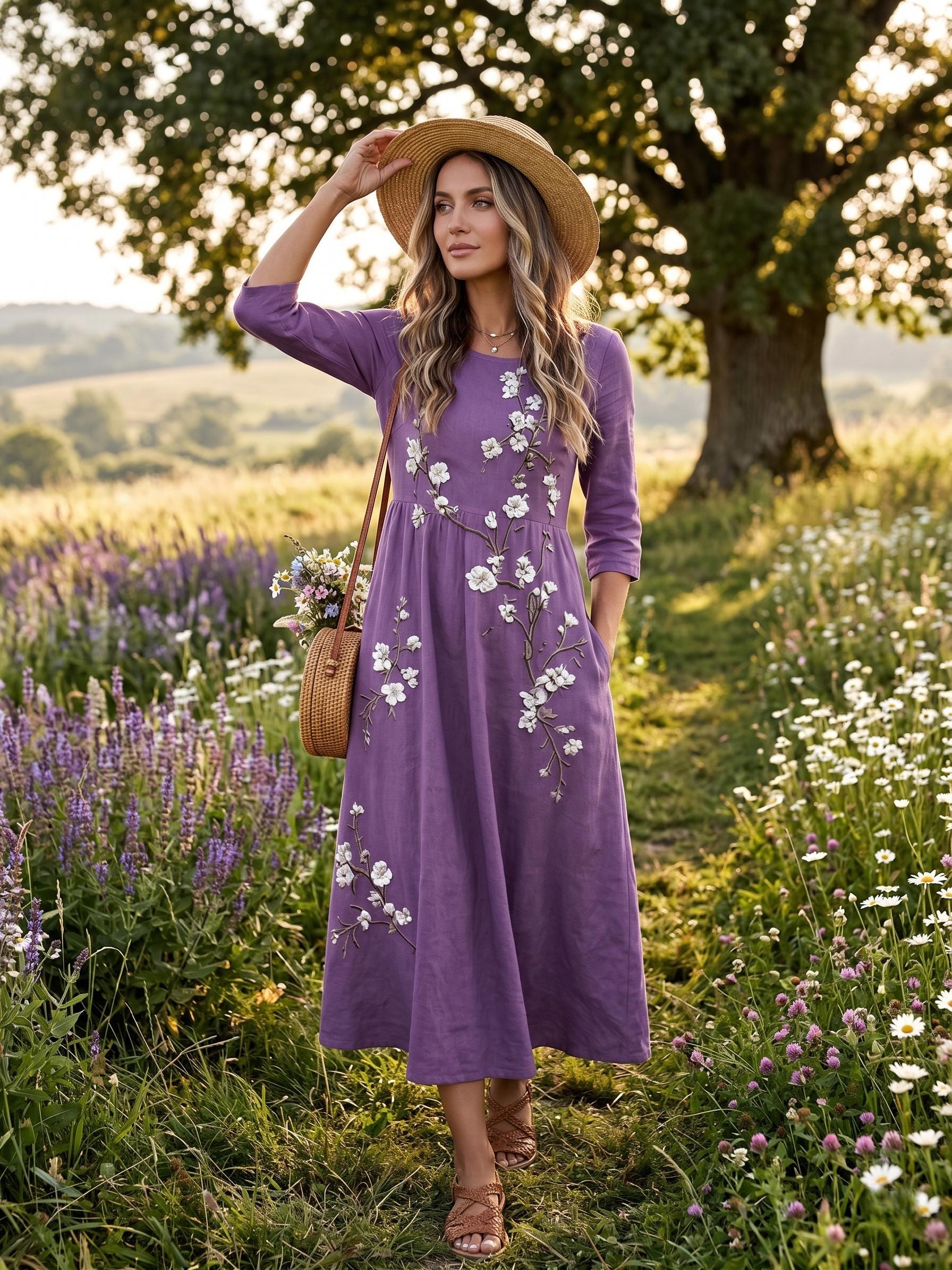 Women's Bohemian Floral Maxi Dress – Mid-length sleeves, high waist, and flowy A-line skirt (suitable for spring, summer, and autumn)