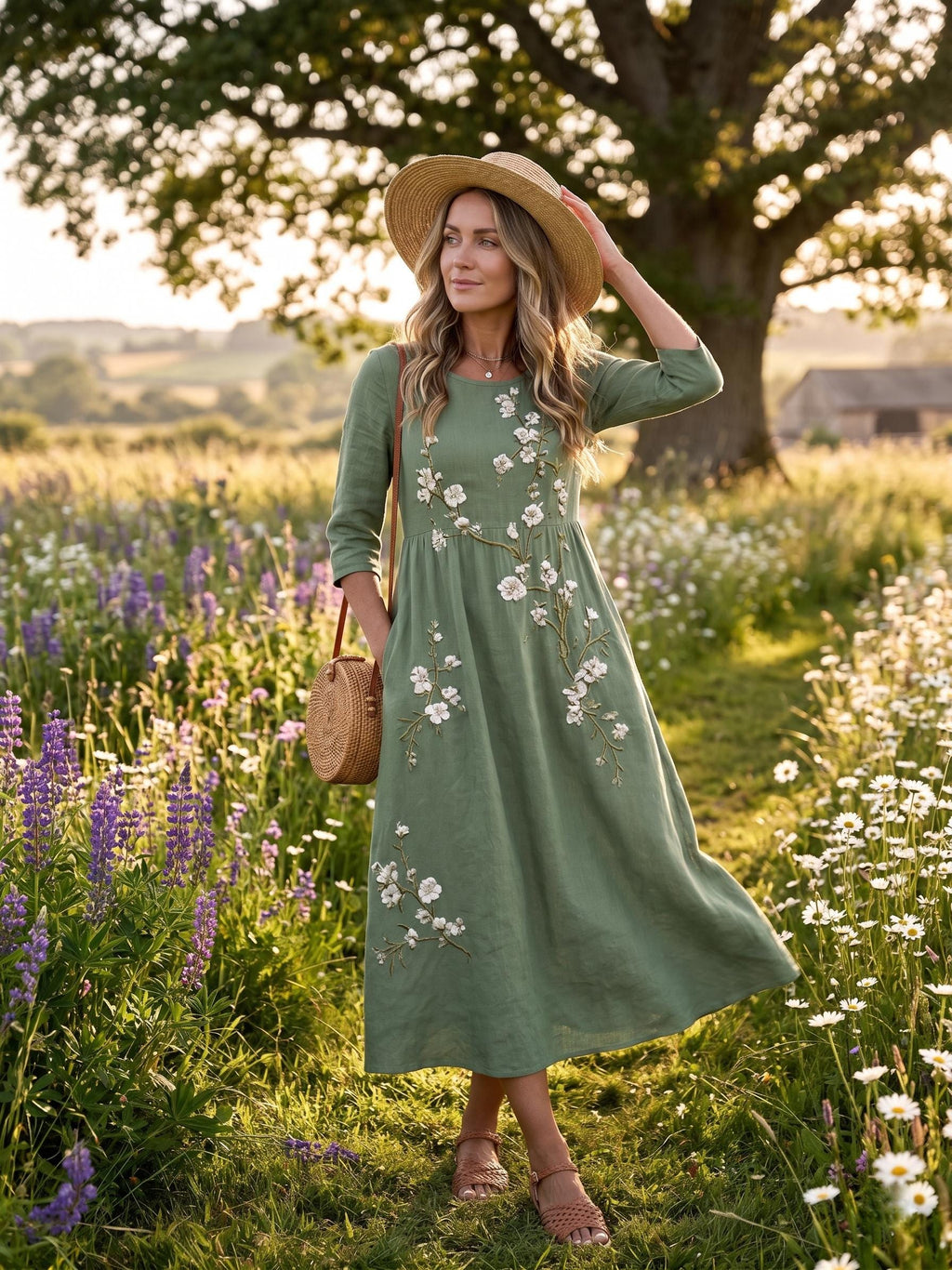 Women's Bohemian Floral Maxi Dress – Mid-length sleeves, high waist, and flowy A-line skirt (suitable for spring, summer, and autumn)