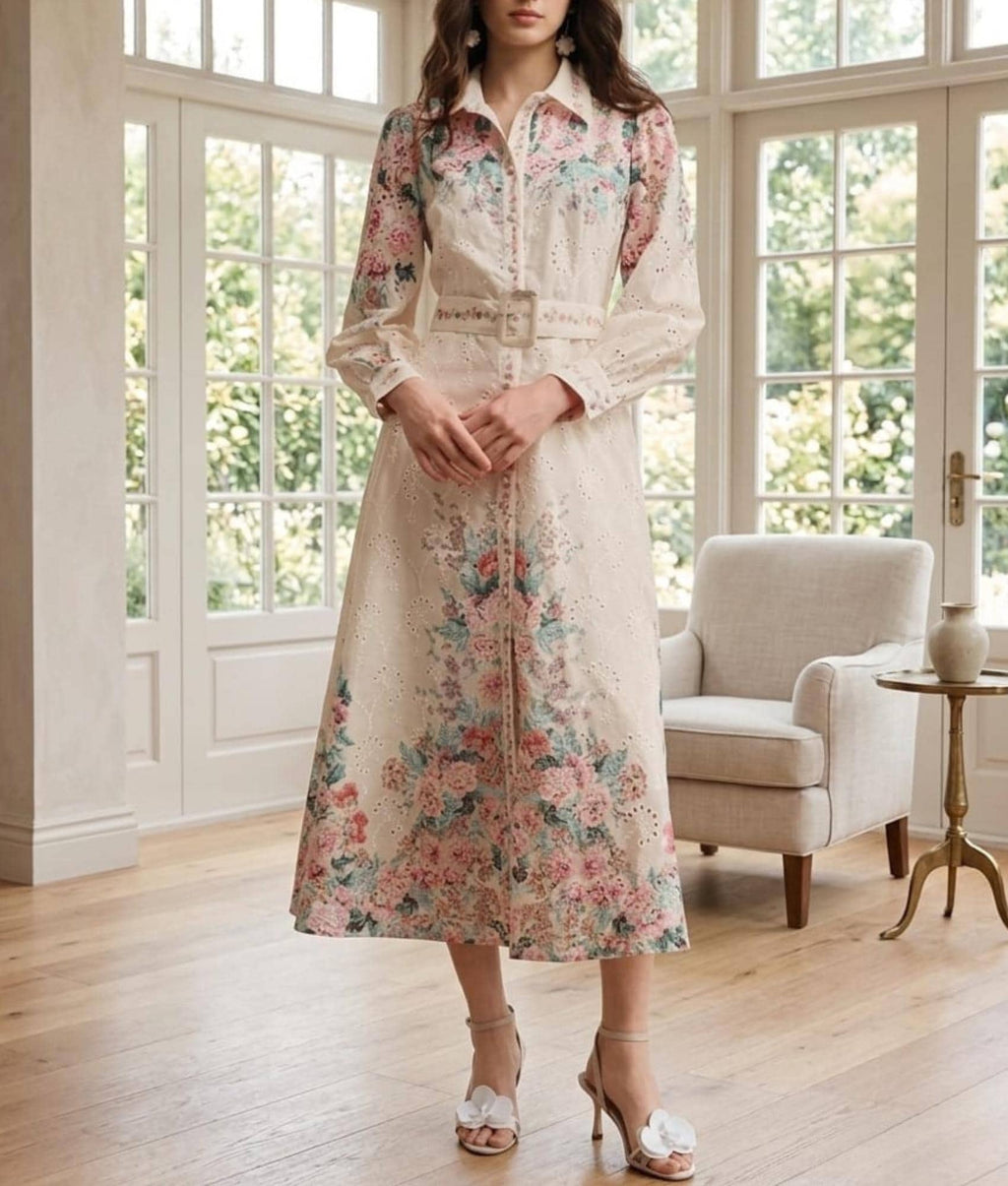 Floral Print Maxi Dress – French Style Button Down, Belted Summer Vacation Outfit