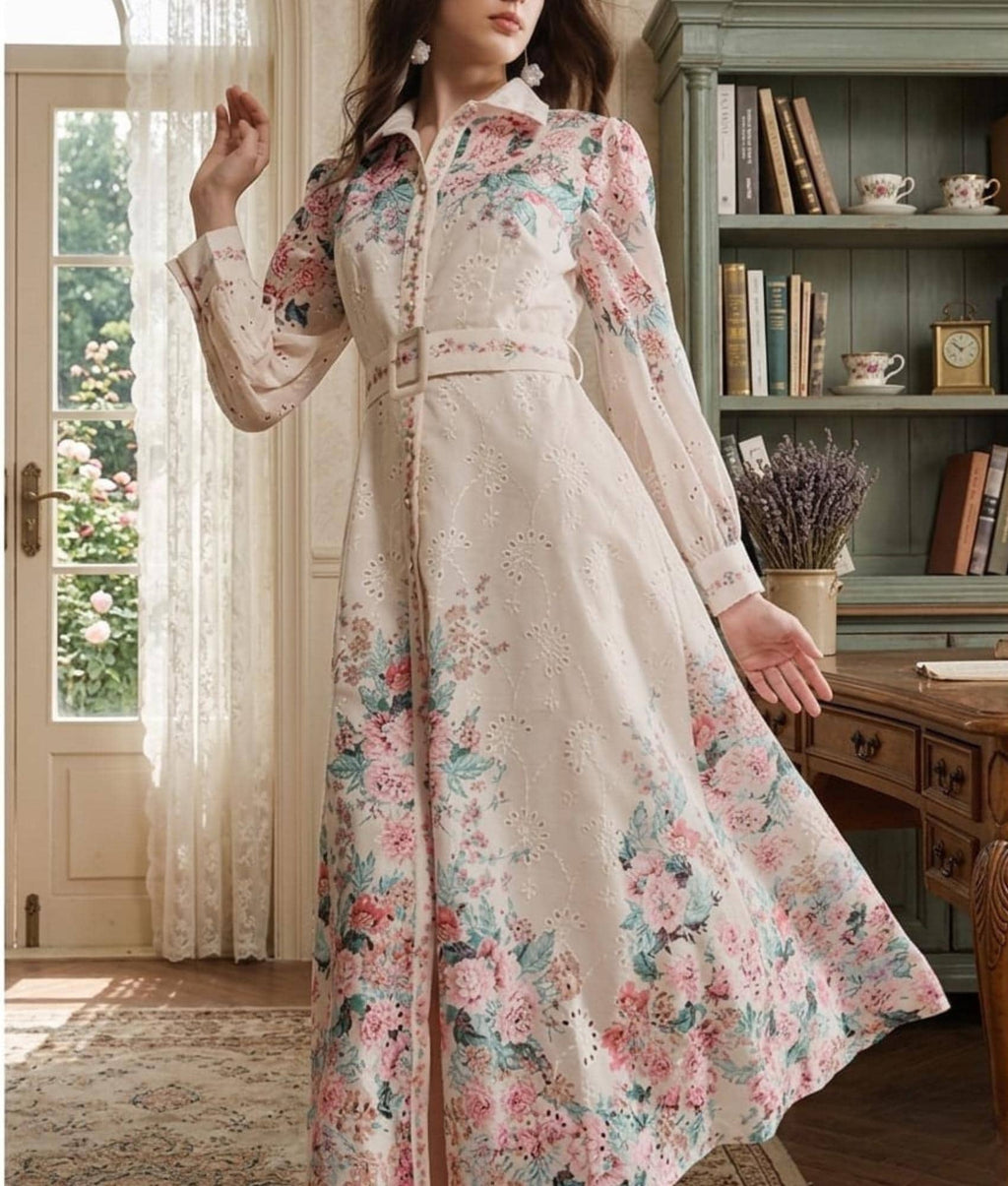 Floral Print Maxi Dress – French Style Button Down, Belted Summer Vacation Outfit