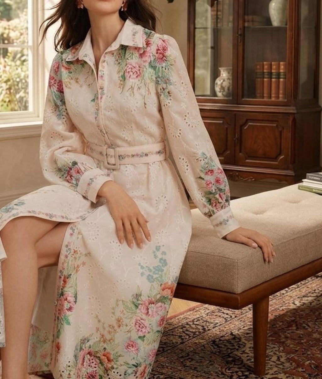 Floral Print Maxi Dress – French Style Button Down, Belted Summer Vacation Outfit