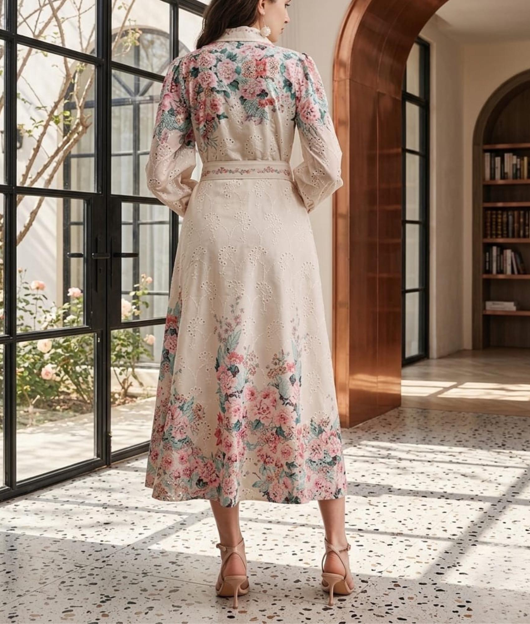 Floral Print Maxi Dress – French Style Button Down, Belted Summer Vacation Outfit