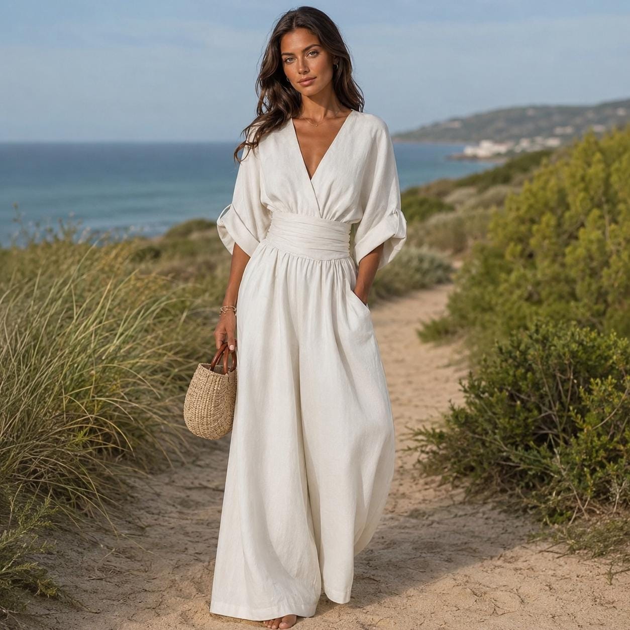 Elegant Maxi Dress for Women, Boho Flowy Long Dress, V Neck Evening Holiday Dress, Relaxed Fit Summer Beach Outfit Chic Timeless Grace Style