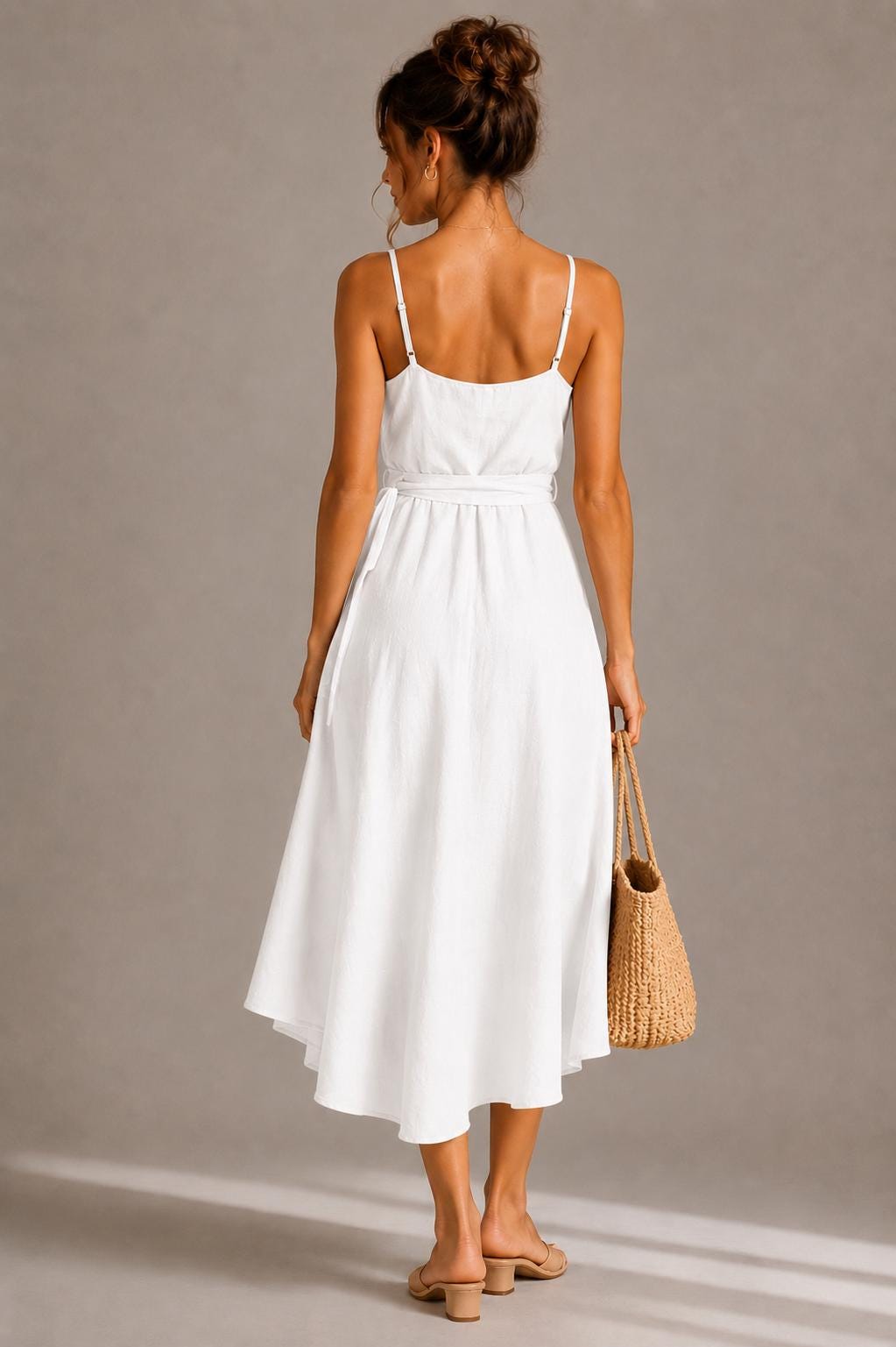 Elegant Wrap Midi Dress, High-Low Hem, Spaghetti Strap Summer Cocktail Dress