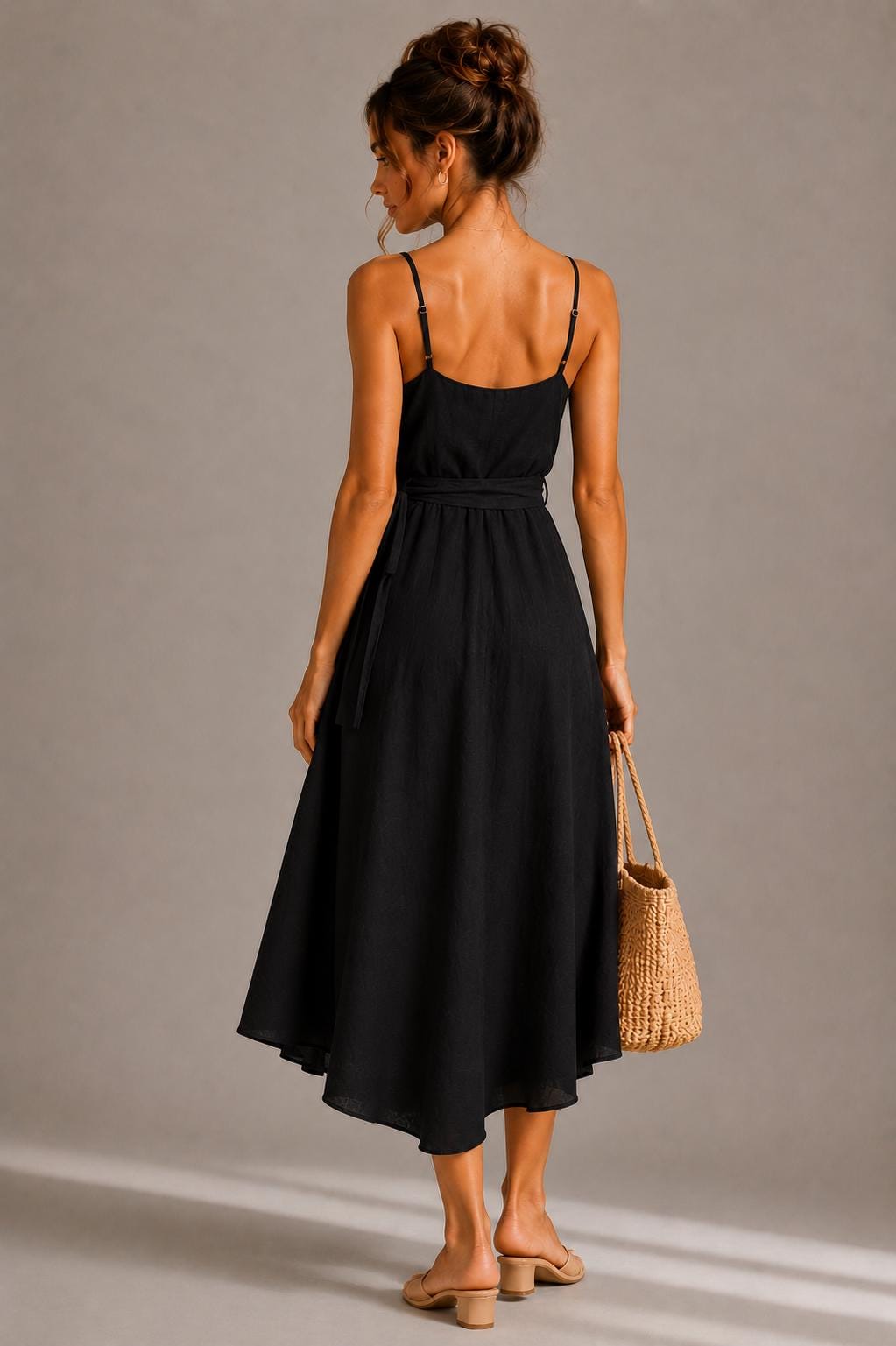Elegant Wrap Midi Dress, High-Low Hem, Spaghetti Strap Summer Cocktail Dress