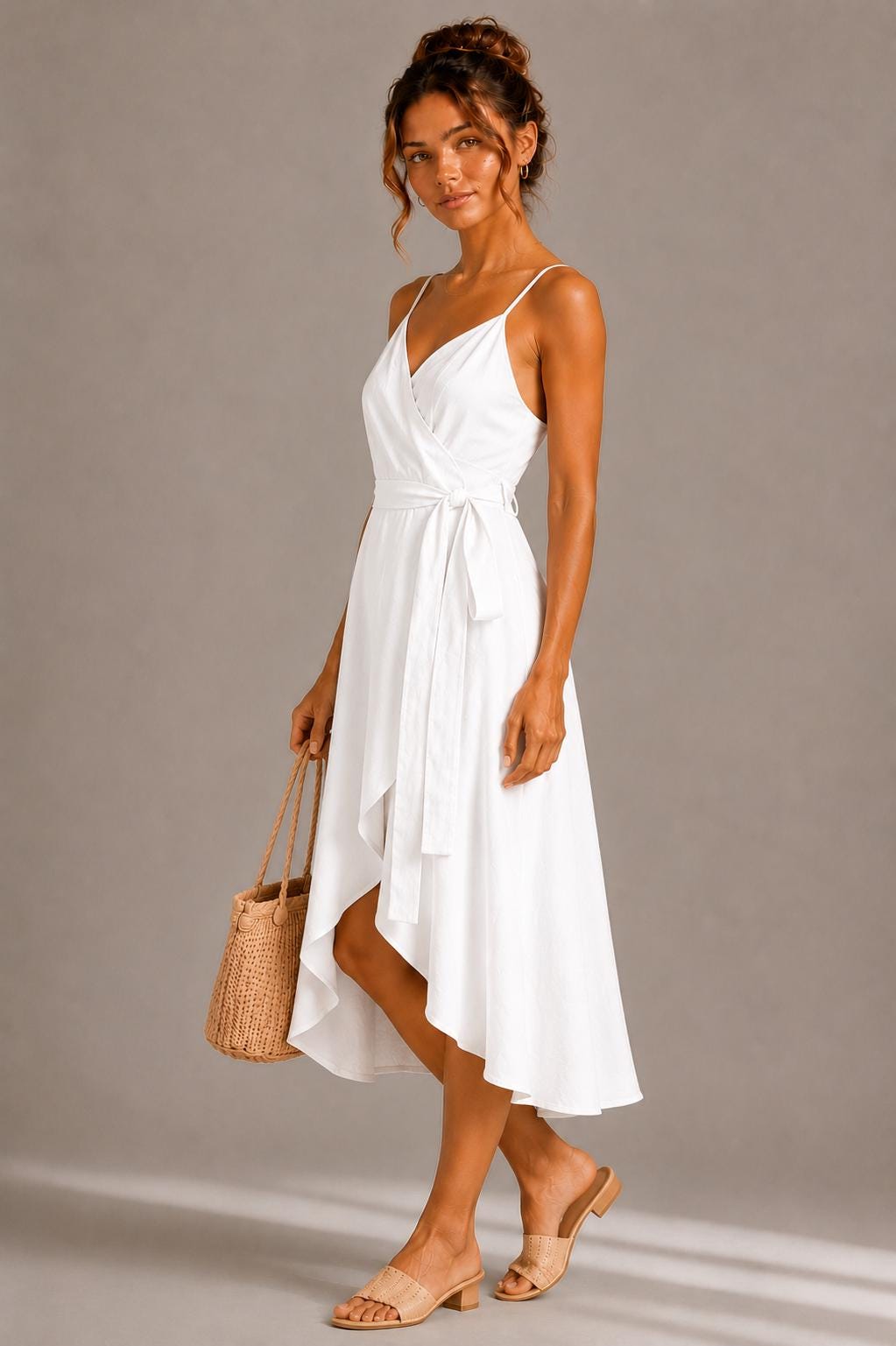 Elegant Wrap Midi Dress, High-Low Hem, Spaghetti Strap Summer Cocktail Dress