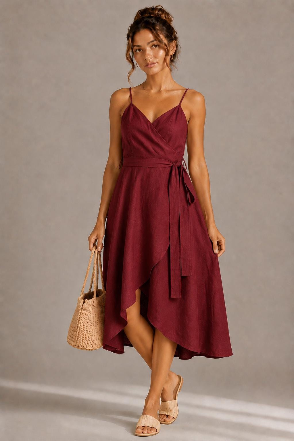 Elegant Wrap Midi Dress, High-Low Hem, Spaghetti Strap Summer Cocktail Dress