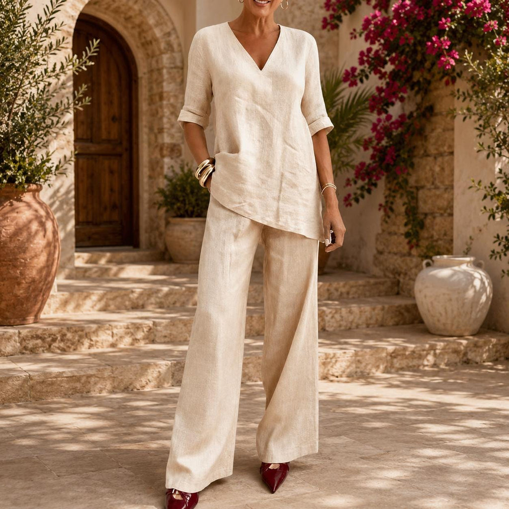 Linen Two Piece Set Women Wide Leg Pants and V Neck Tunic Top