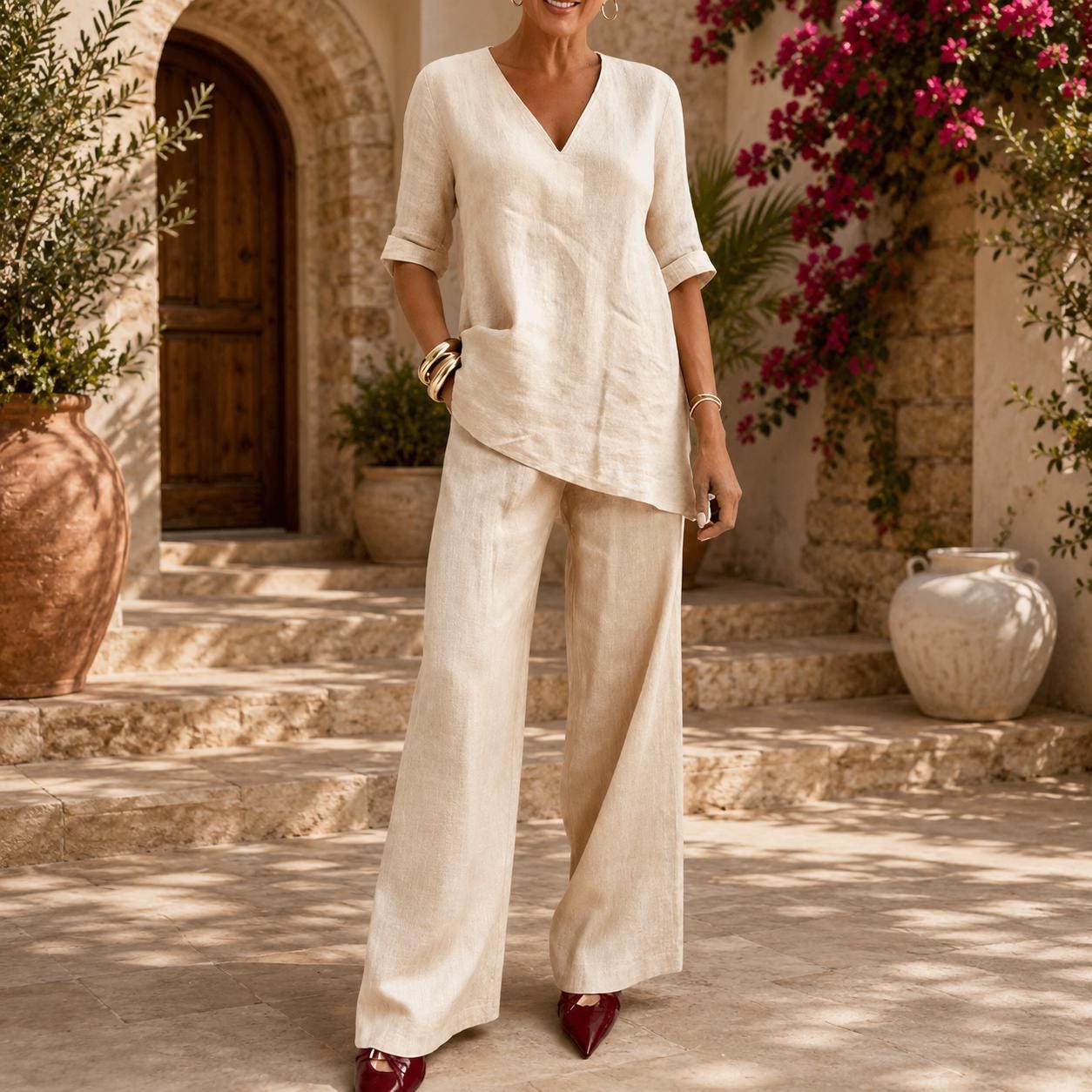 Linen Two Piece Set Women Wide Leg Pants and V Neck Tunic Top