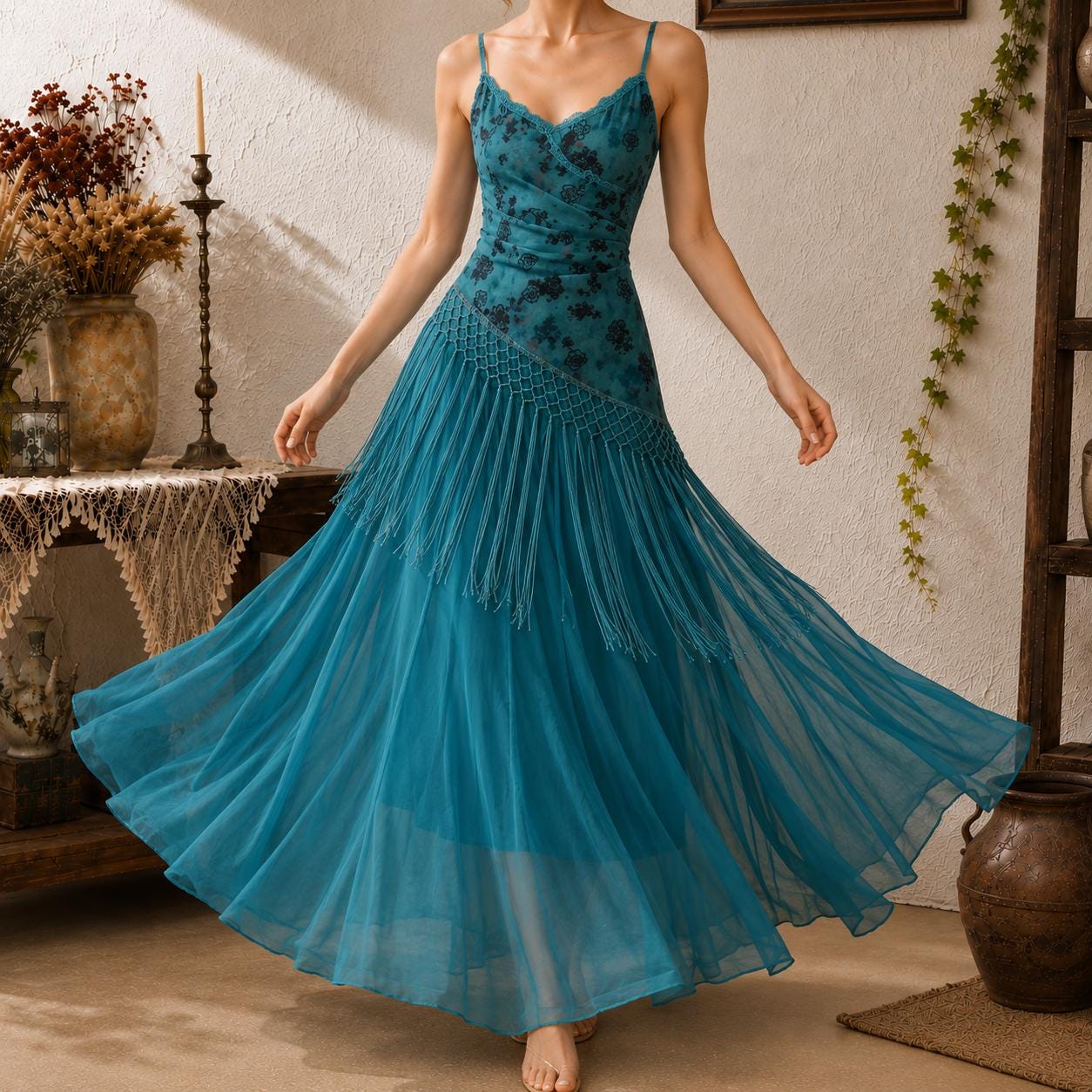 Teal Fringe Maxi Dress, Boho Strappy Summer Dress for Vacation, Wedding Guest, Party and Photoshoot