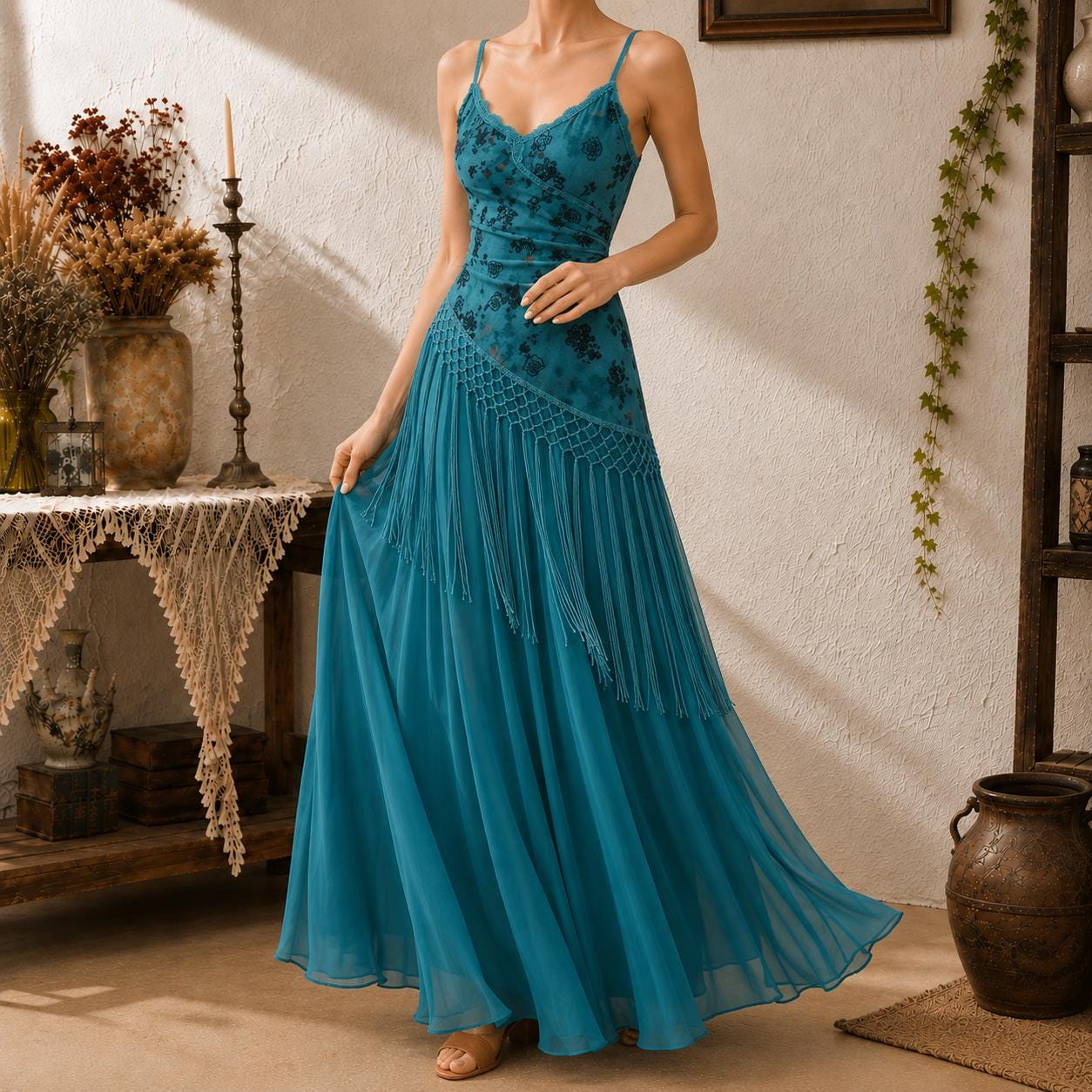 Teal Fringe Maxi Dress, Boho Strappy Summer Dress for Vacation, Wedding Guest, Party and Photoshoot