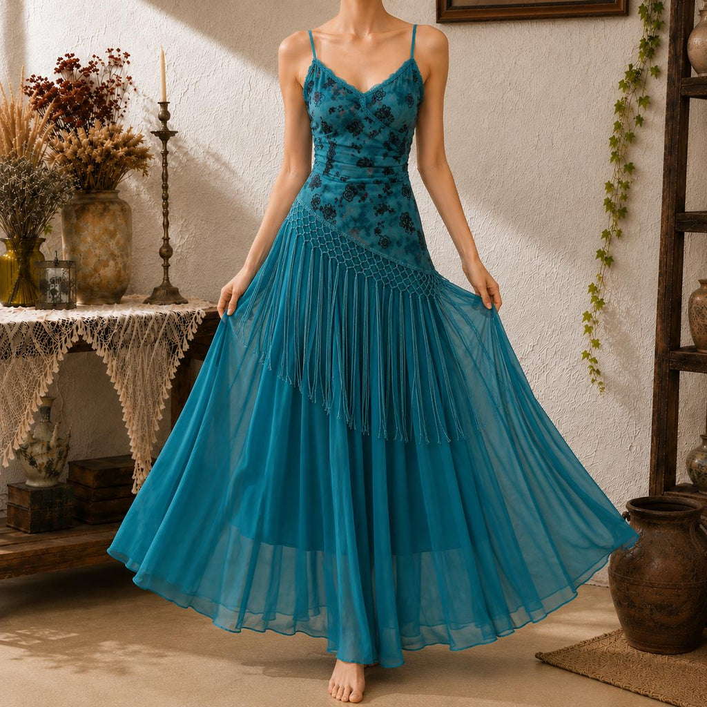 Teal Fringe Maxi Dress, Boho Strappy Summer Dress for Vacation, Wedding Guest, Party and Photoshoot