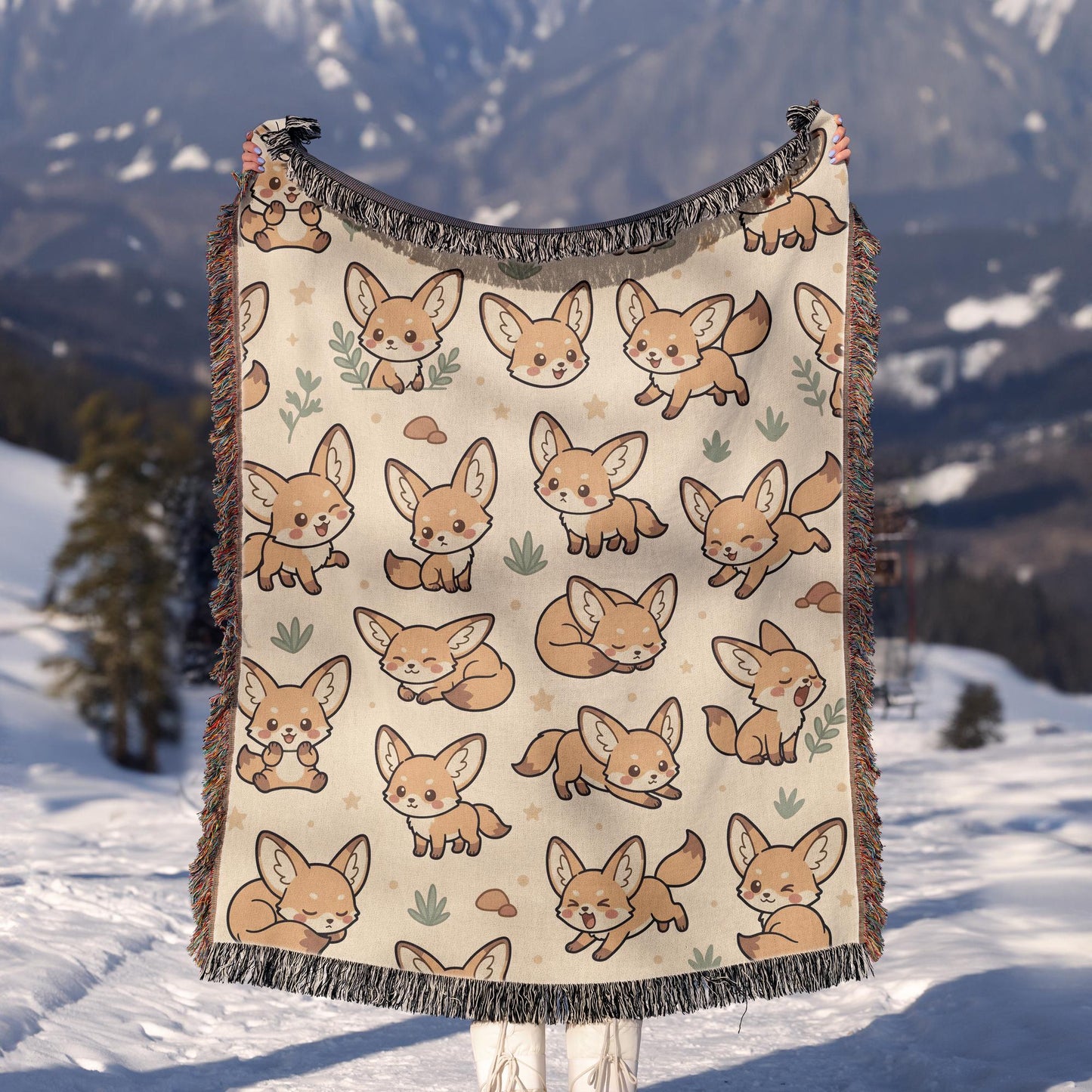 Fennec Fox Blanket, Kawaii Cute Desert Fox Woven Cotton Throw, Cozy Boho Nursery Animal Decor, Cute Kids Room Fennec Fox Lover Gift