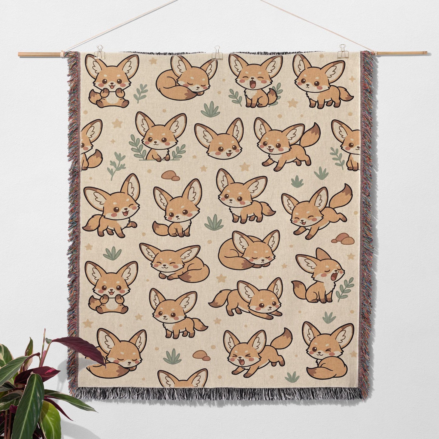 Fennec Fox Blanket, Kawaii Cute Desert Fox Woven Cotton Throw, Cozy Boho Nursery Animal Decor, Cute Kids Room Fennec Fox Lover Gift