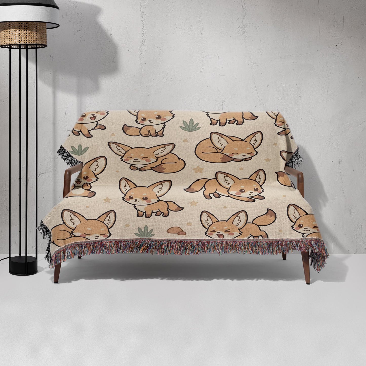 Fennec Fox Blanket, Kawaii Cute Desert Fox Woven Cotton Throw, Cozy Boho Nursery Animal Decor, Cute Kids Room Fennec Fox Lover Gift