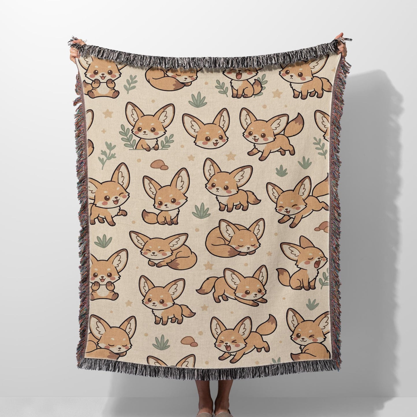 Fennec Fox Blanket, Kawaii Cute Desert Fox Woven Cotton Throw, Cozy Boho Nursery Animal Decor, Cute Kids Room Fennec Fox Lover Gift