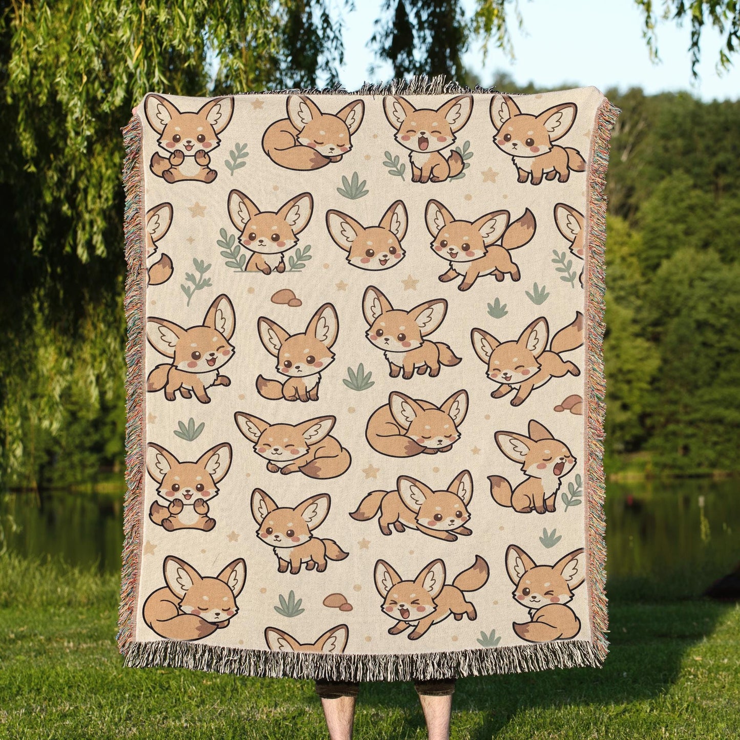 Fennec Fox Blanket, Kawaii Cute Desert Fox Woven Cotton Throw, Cozy Boho Nursery Animal Decor, Cute Kids Room Fennec Fox Lover Gift