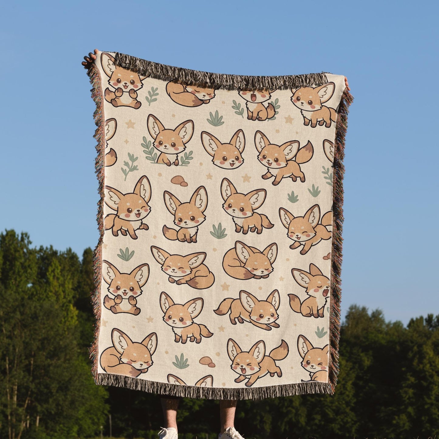 Fennec Fox Blanket, Kawaii Cute Desert Fox Woven Cotton Throw, Cozy Boho Nursery Animal Decor, Cute Kids Room Fennec Fox Lover Gift