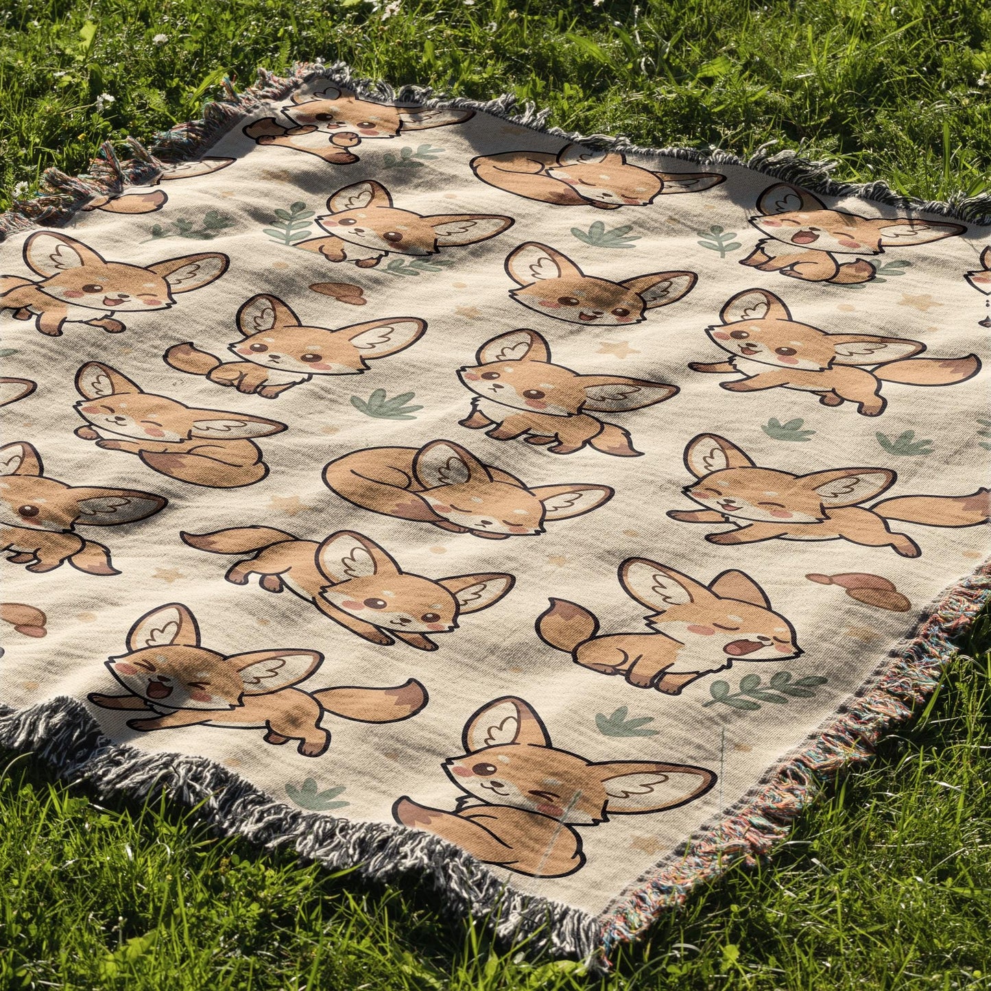 Fennec Fox Blanket, Kawaii Cute Desert Fox Woven Cotton Throw, Cozy Boho Nursery Animal Decor, Cute Kids Room Fennec Fox Lover Gift