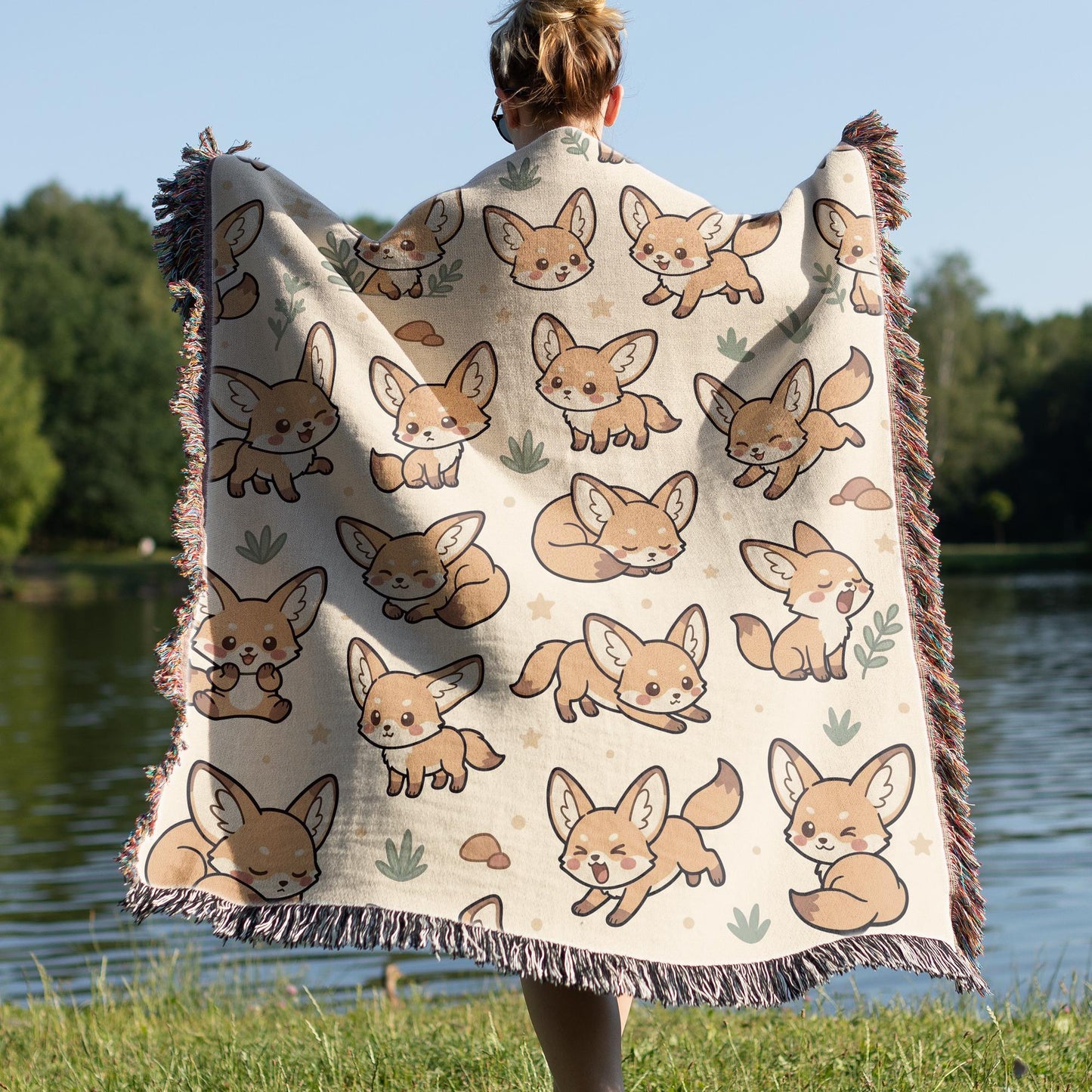 Fennec Fox Blanket, Kawaii Cute Desert Fox Woven Cotton Throw, Cozy Boho Nursery Animal Decor, Cute Kids Room Fennec Fox Lover Gift