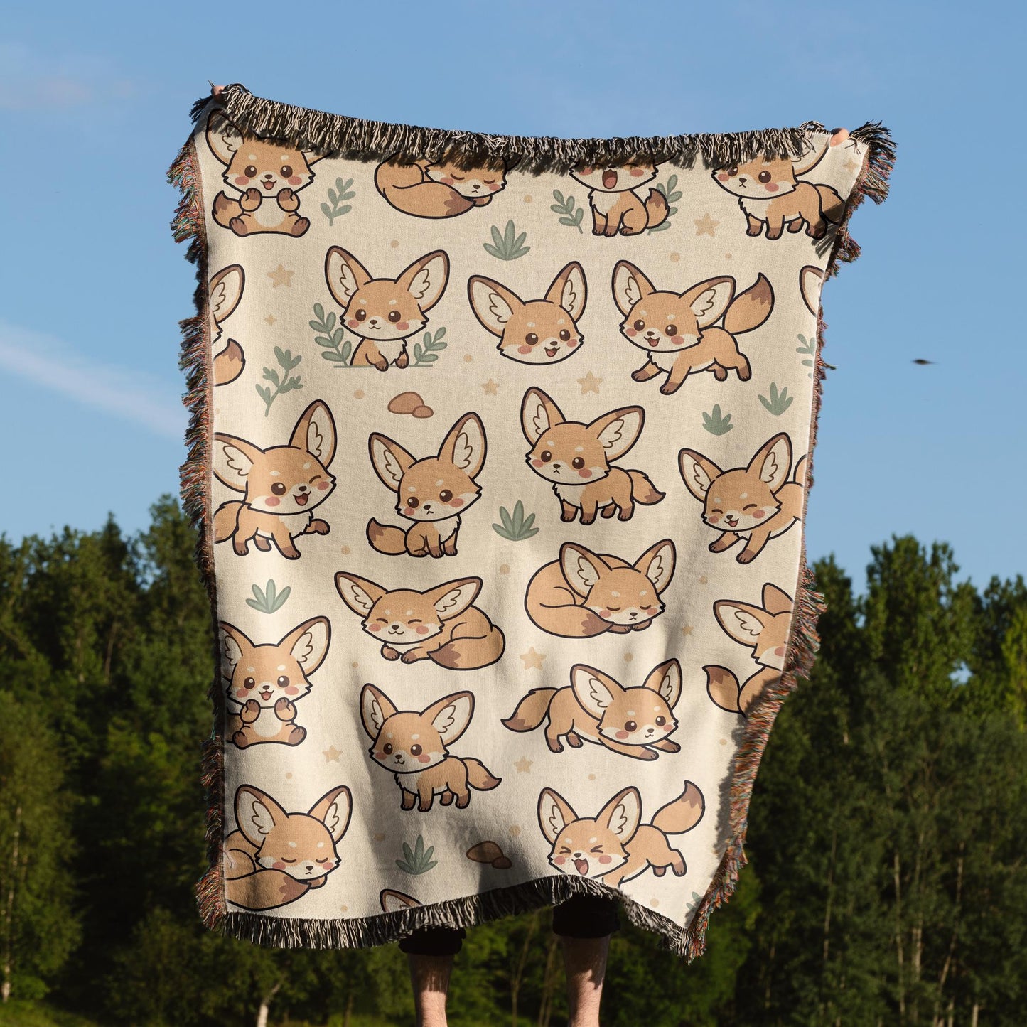 Fennec Fox Blanket, Kawaii Cute Desert Fox Woven Cotton Throw, Cozy Boho Nursery Animal Decor, Cute Kids Room Fennec Fox Lover Gift
