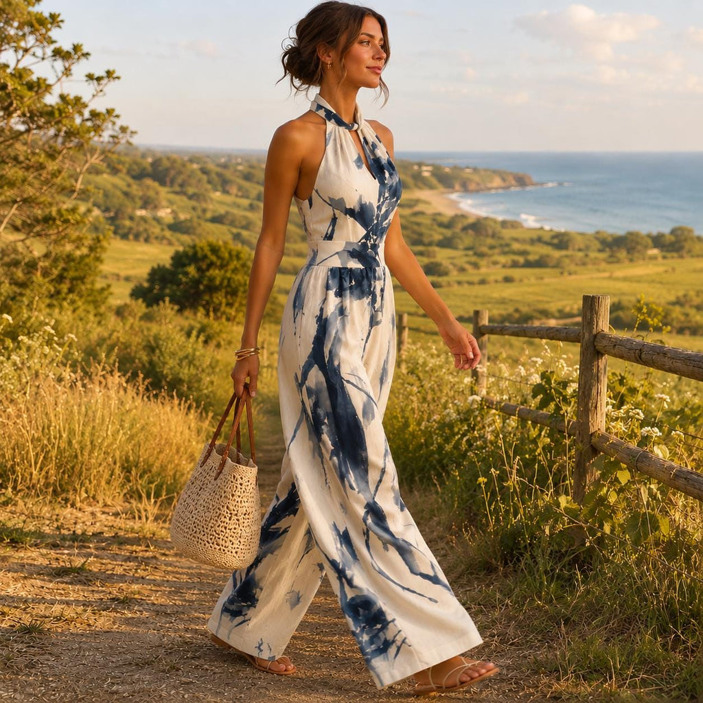 Elegant Halter Jumpsuit for Women Wide Leg Resort Outfit Summer Vacation Romper Flowy Evening Holiday Wedding Guest Wear Boho Chic Outfit