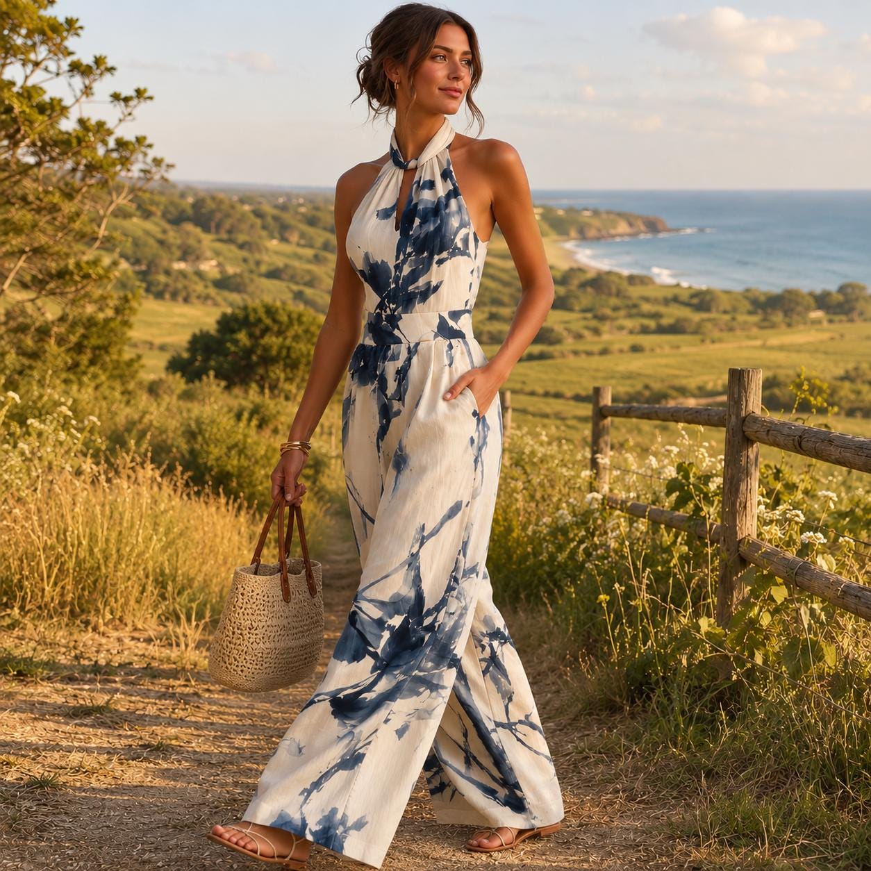 Elegant Halter Jumpsuit for Women Wide Leg Resort Outfit Summer Vacation Romper Flowy Evening Holiday Wedding Guest Wear Boho Chic Outfit