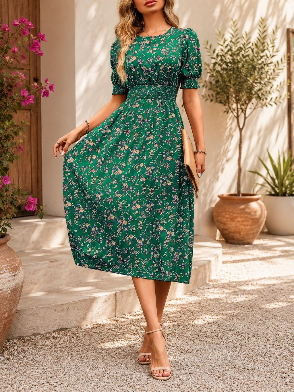 Floral Midi Outfit Women, Puff Sleeve Summer Dress, Smocked Waist Boho Style, Cottagecore Fashion