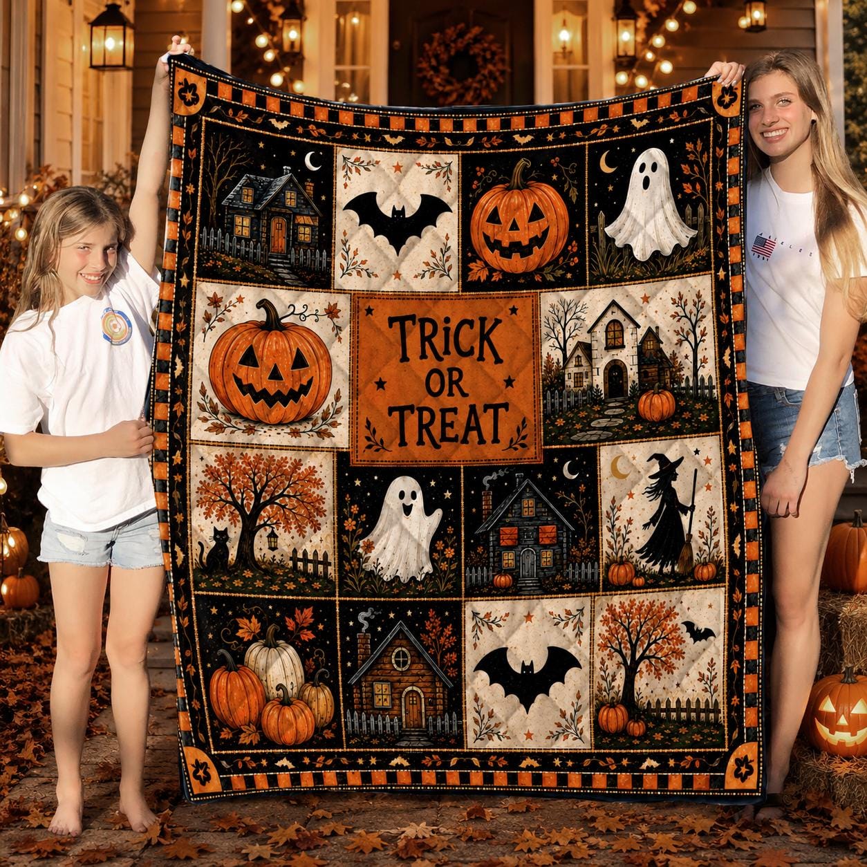 Halloween Quilt Blanket, Cute Ghost Pumpkin Throw Trick or Treat Rustic Autumn Patchwork Decor Spooky Season Witchy Gift for Black Cat Lover