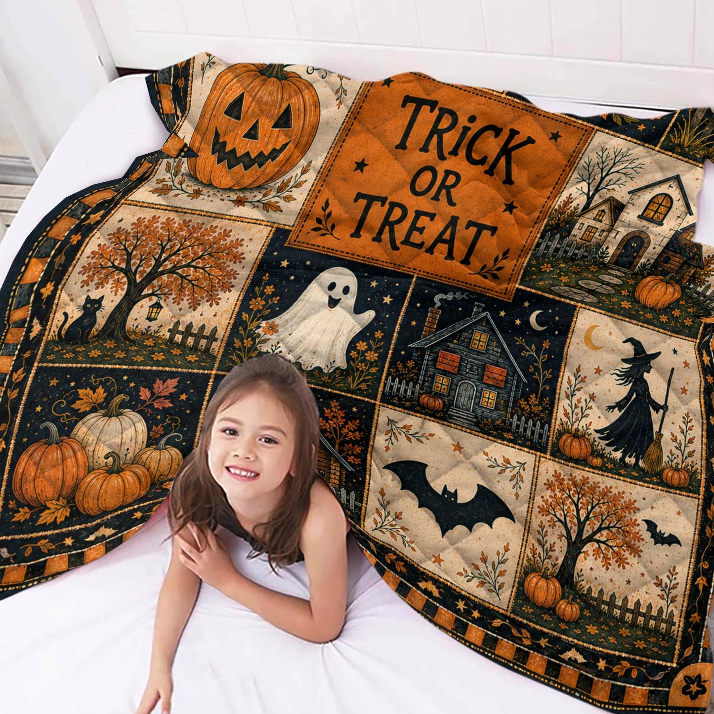 Halloween Quilt Blanket, Cute Ghost Pumpkin Throw Trick or Treat Rustic Autumn Patchwork Decor Spooky Season Witchy Gift for Black Cat Lover
