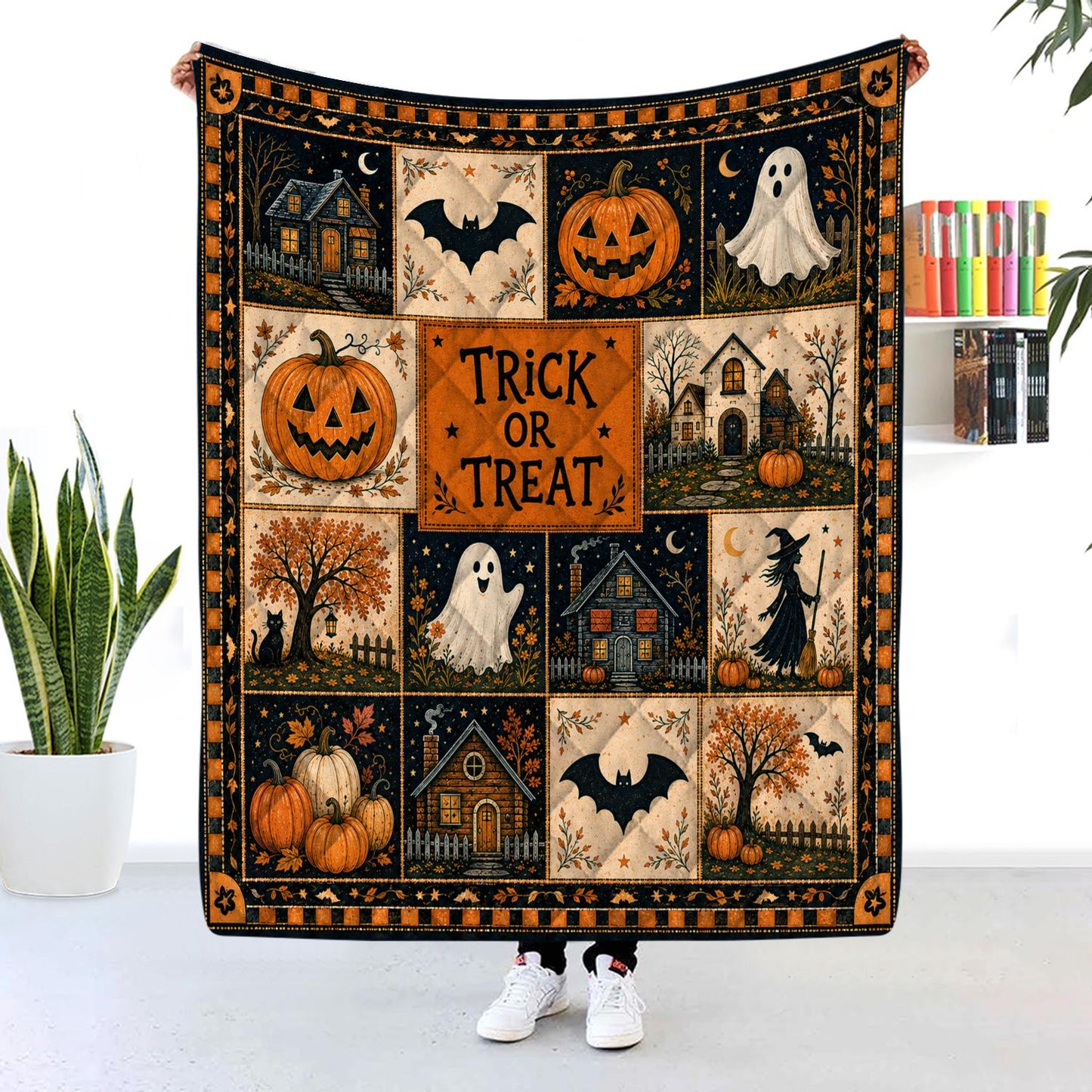 Halloween Quilt Blanket, Cute Ghost Pumpkin Throw Trick or Treat Rustic Autumn Patchwork Decor Spooky Season Witchy Gift for Black Cat Lover
