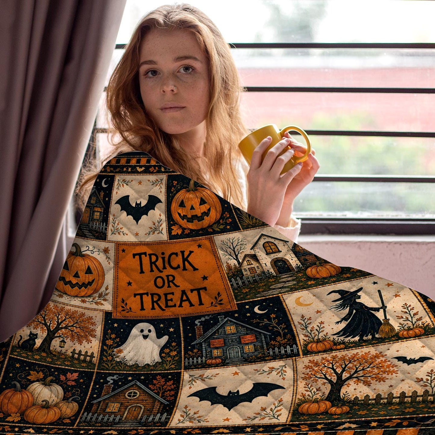 Halloween Quilt Blanket, Cute Ghost Pumpkin Throw Trick or Treat Rustic Autumn Patchwork Decor Spooky Season Witchy Gift for Black Cat Lover