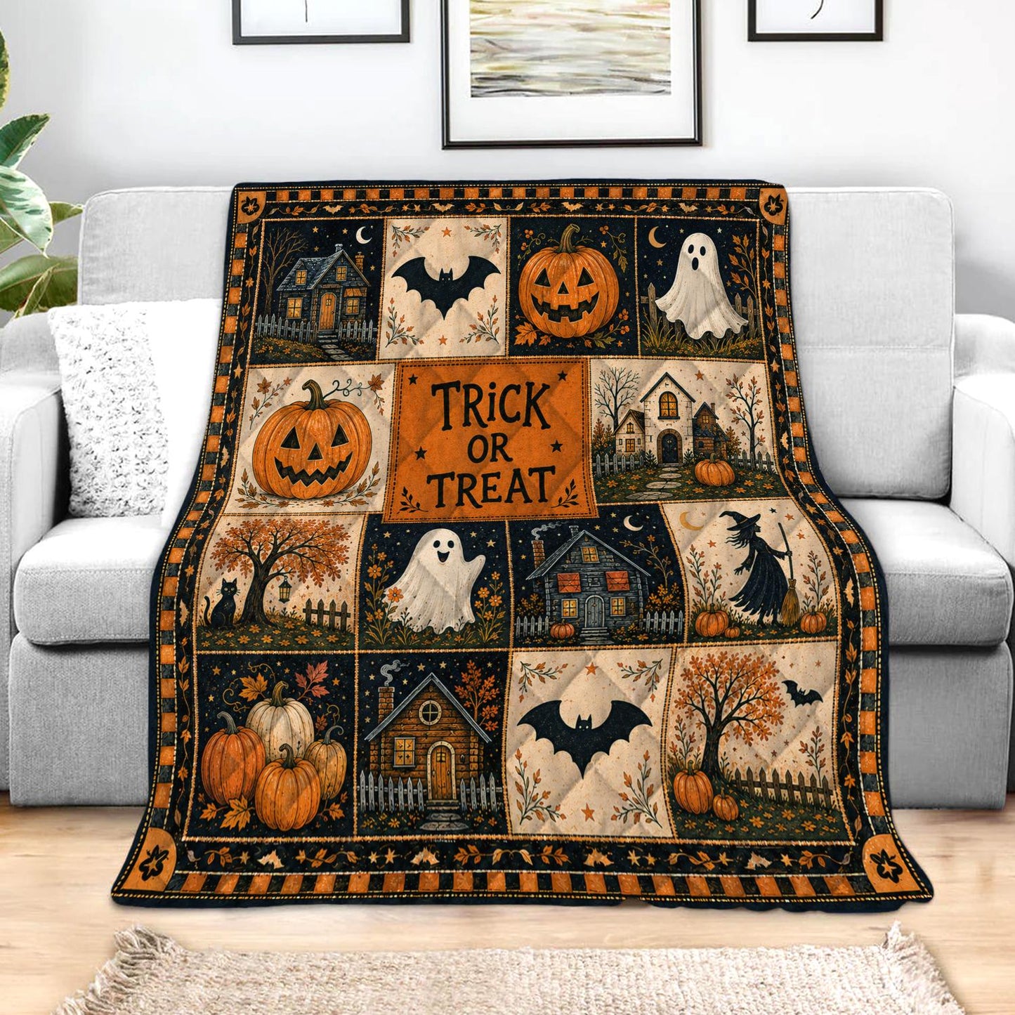 Halloween Quilt Blanket, Cute Ghost Pumpkin Throw Trick or Treat Rustic Autumn Patchwork Decor Spooky Season Witchy Gift for Black Cat Lover