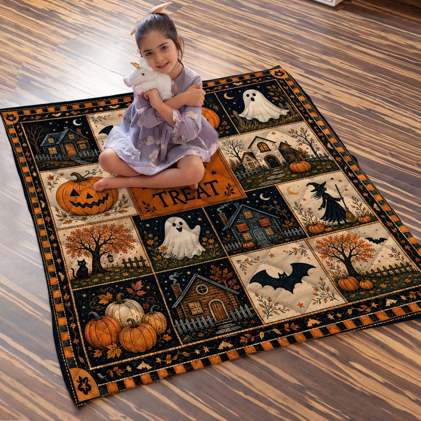 Halloween Quilt Blanket, Cute Ghost Pumpkin Throw Trick or Treat Rustic Autumn Patchwork Decor Spooky Season Witchy Gift for Black Cat Lover