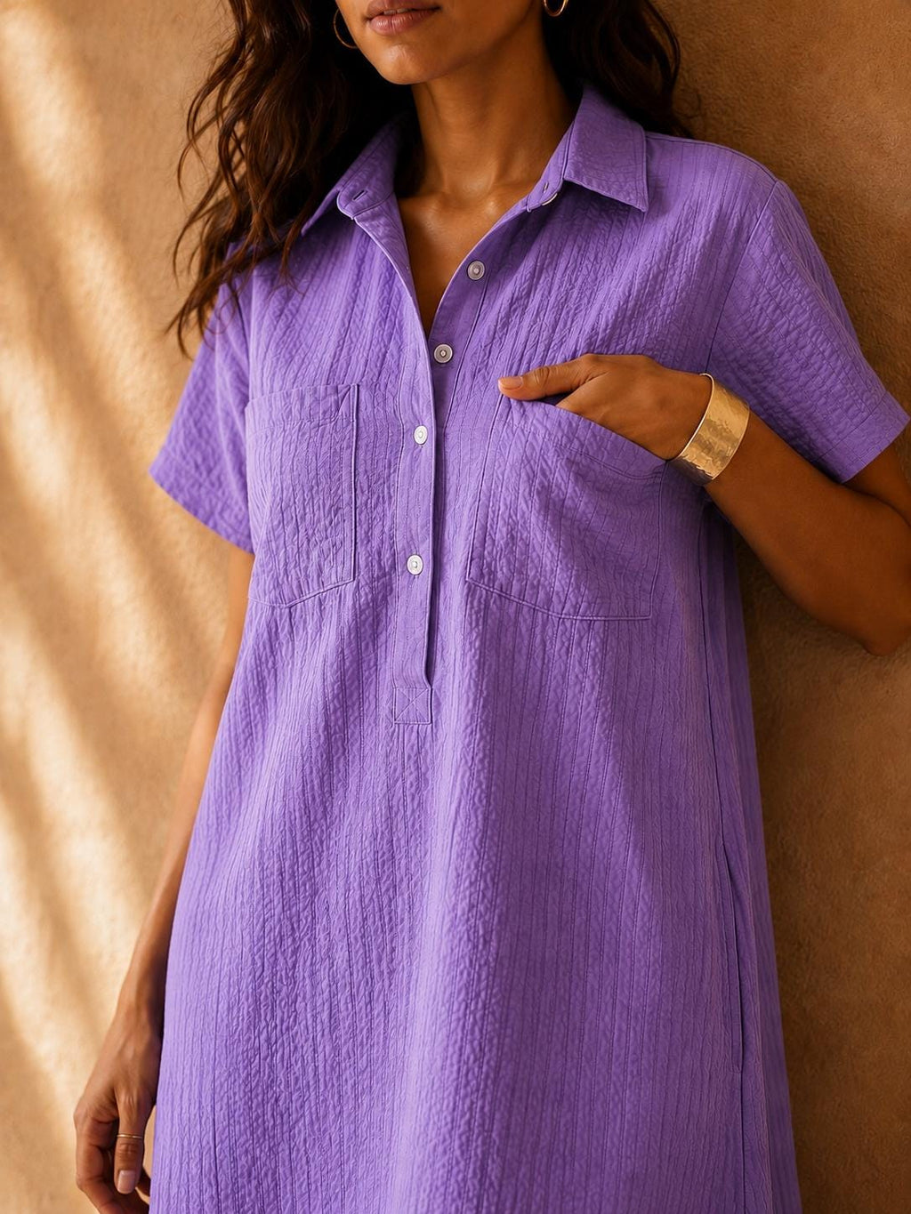 Seersucker Cotton Midi Dress | Women's Collared Shirt Dress, Summer Boho Wear