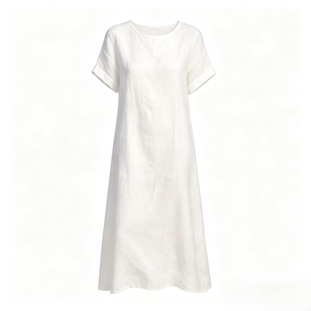 Bohemian White Linen Blend Maxi Dress Loose Fit Short Sleeve Summer Beach Dress With Pockets Relaxed Resort Style Customize Plus Size Dress