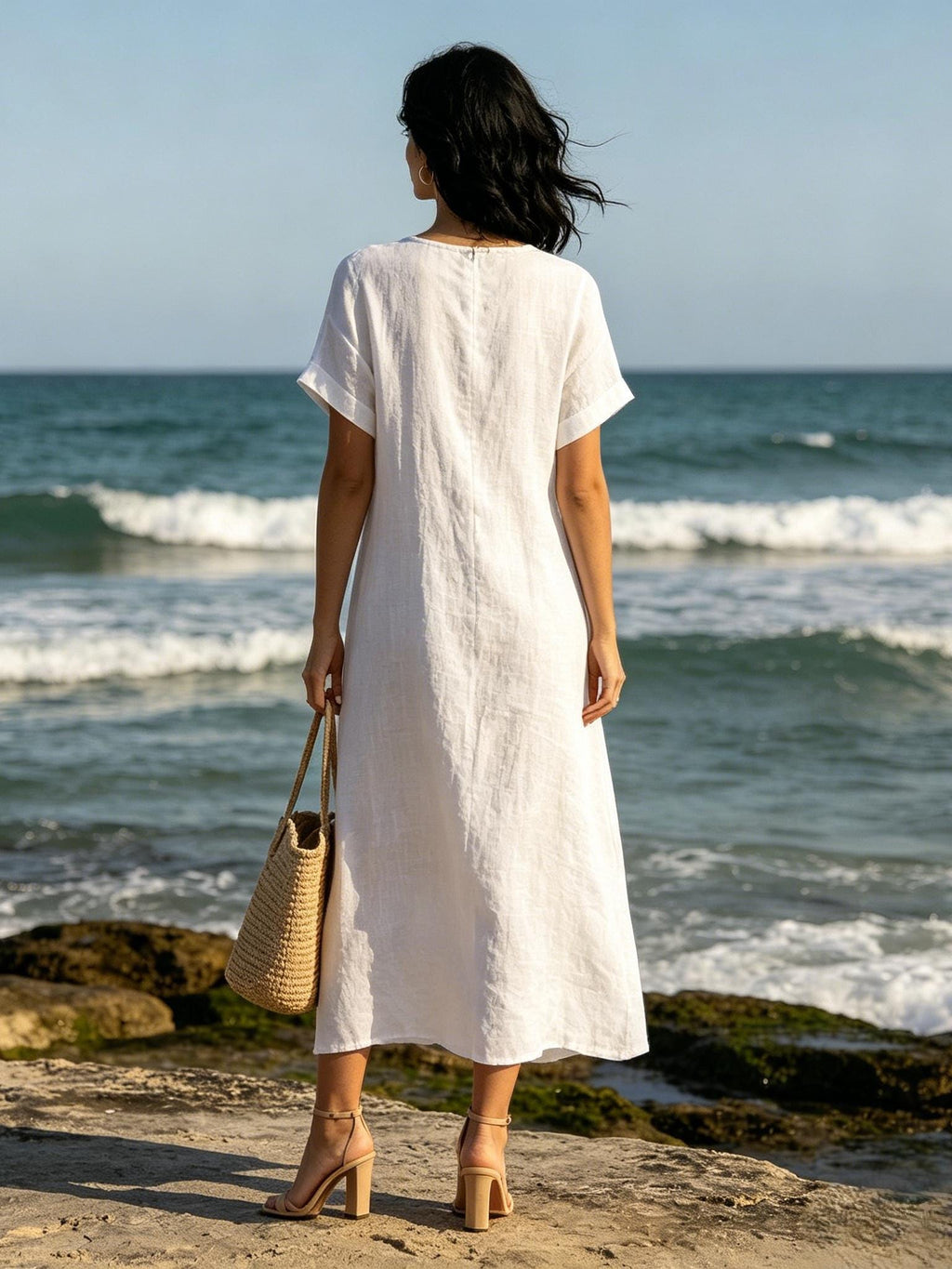 Bohemian White Linen Blend Maxi Dress Loose Fit Short Sleeve Summer Beach Dress With Pockets Relaxed Resort Style Customize Plus Size Dress