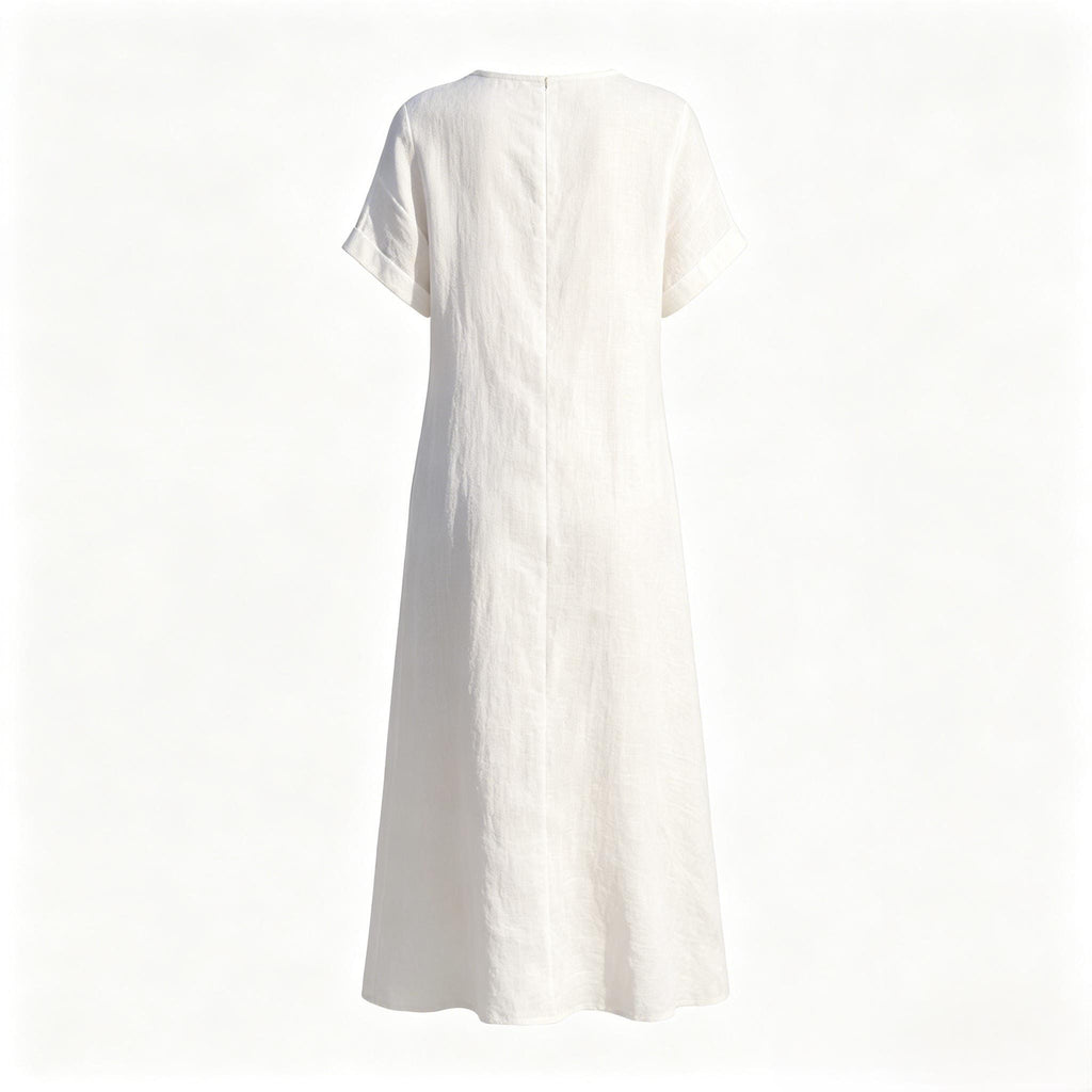 Bohemian White Linen Blend Maxi Dress Loose Fit Short Sleeve Summer Beach Dress With Pockets Relaxed Resort Style Customize Plus Size Dress