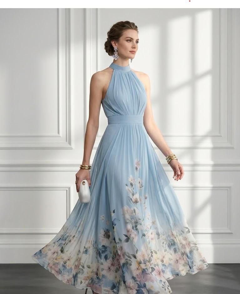 Sky Blue Watercolor Floral Chiffon Maxi Dress – Backless Garden Party Gown