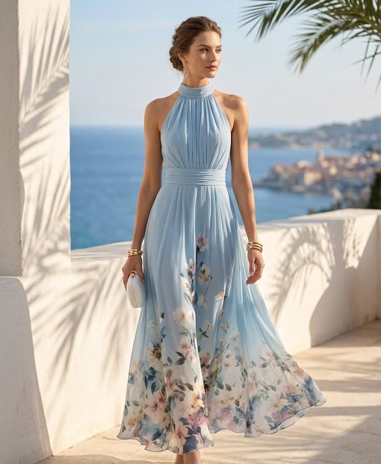 Sky Blue Watercolor Floral Chiffon Maxi Dress – Backless Garden Party Gown
