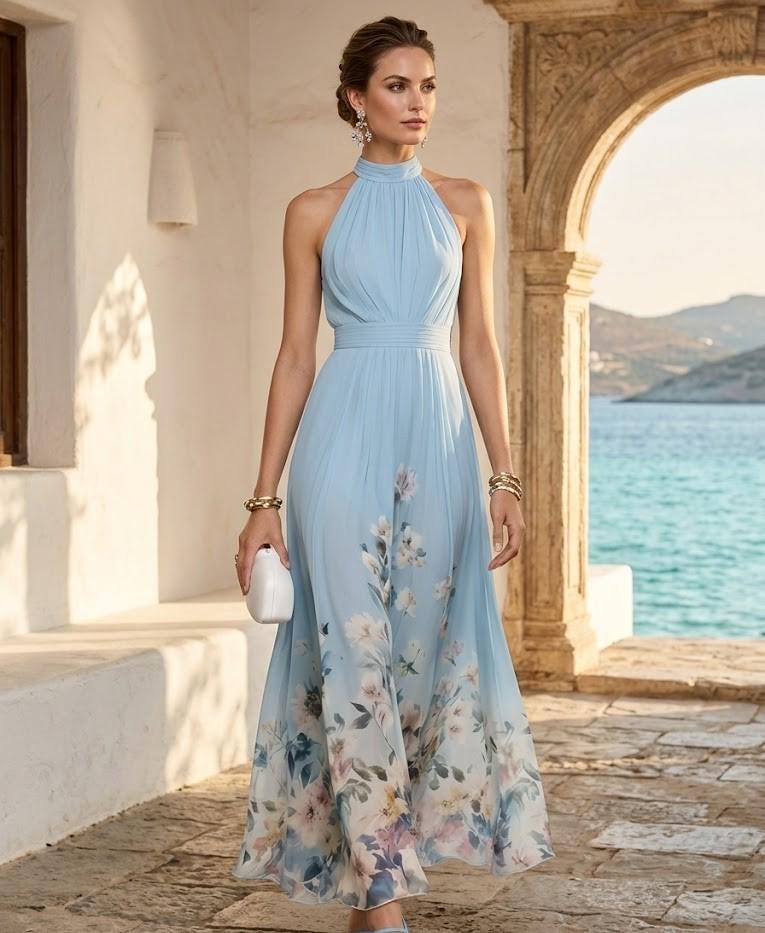 Sky Blue Watercolor Floral Chiffon Maxi Dress – Backless Garden Party Gown