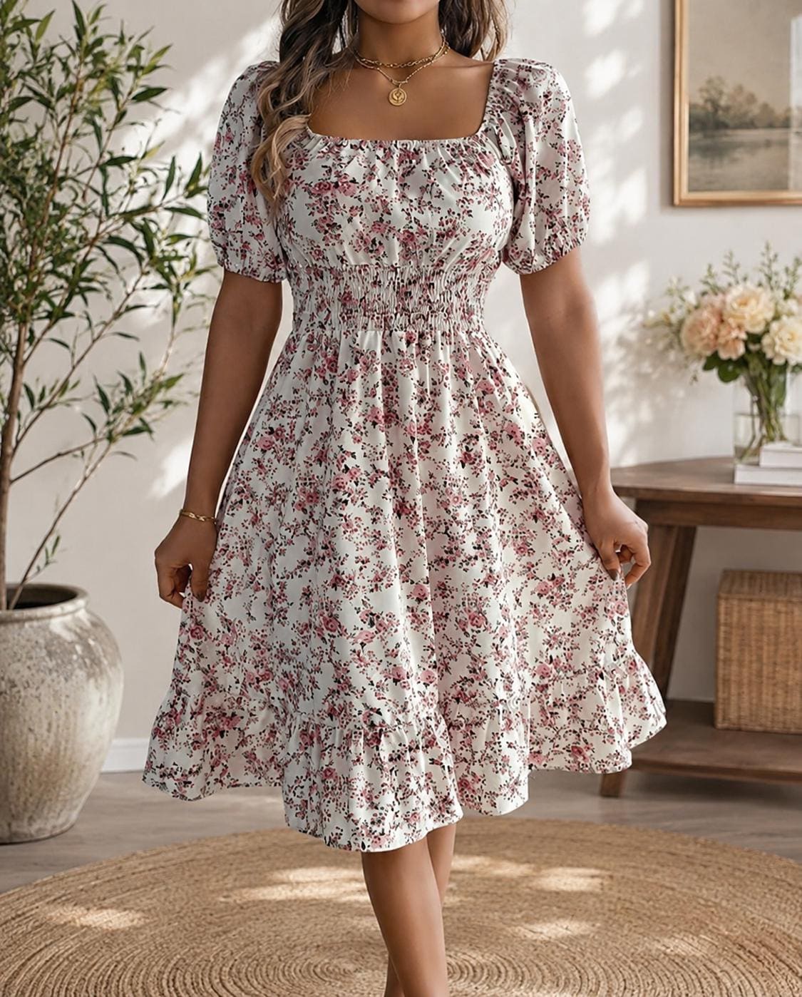 Women's Floral Smocked Midi Dress Puff Sleeve Casual Summer Outfit