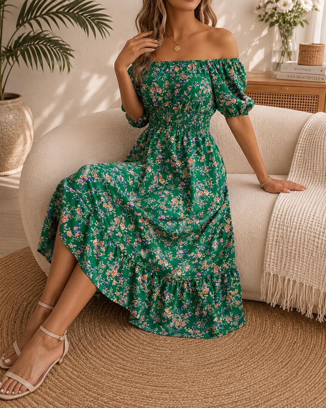 Women's Floral Smocked Midi Dress Puff Sleeve Casual Summer Outfit