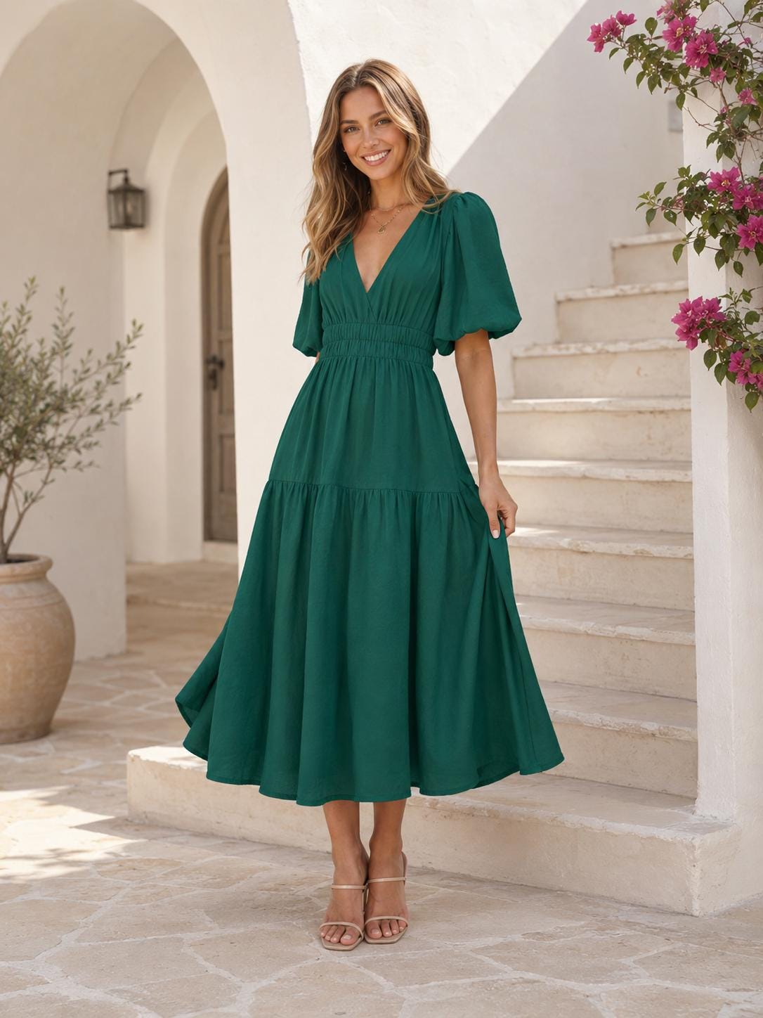 Women's Puff Sleeve Maxi Dress, V Neck Summer Dress, Elegant Tiered Dress, Mediterranean Vacation Dress, Beach Resort Wear, Boho Chic Dress
