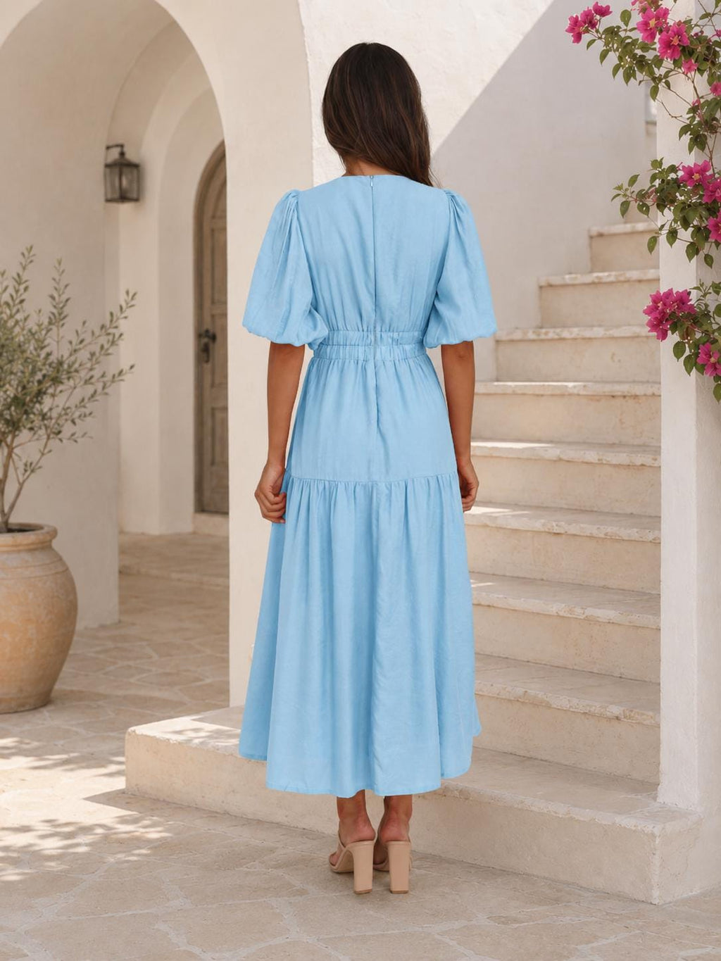 Women's Puff Sleeve Maxi Dress, V Neck Summer Dress, Elegant Tiered Dress, Mediterranean Vacation Dress, Beach Resort Wear, Boho Chic Dress